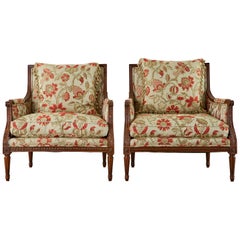 Vintage Pair of French Louis XVI Style Mahogany Bergère Armchairs