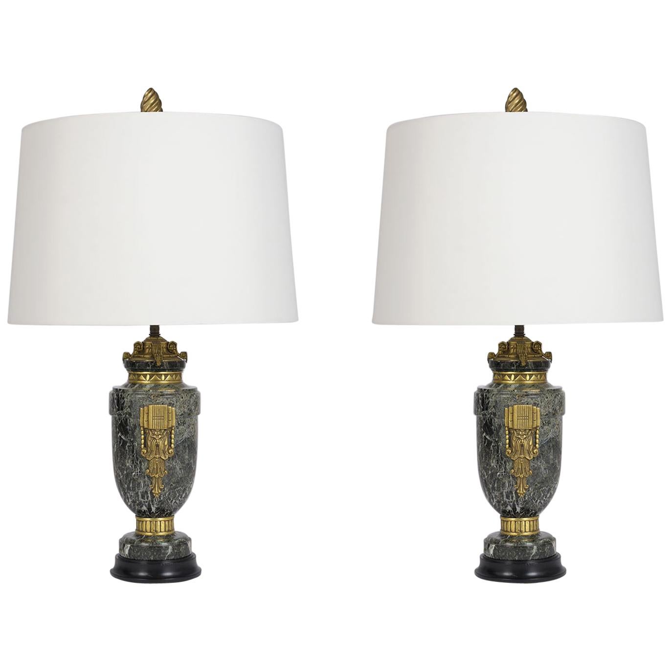 1890s French Marble Table Lamps with Brass Accents and Adjustable Necks For Sale