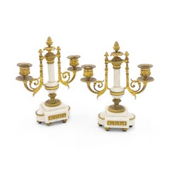 Pair of French Louis XVI Style Marble and Bronze Candelabras