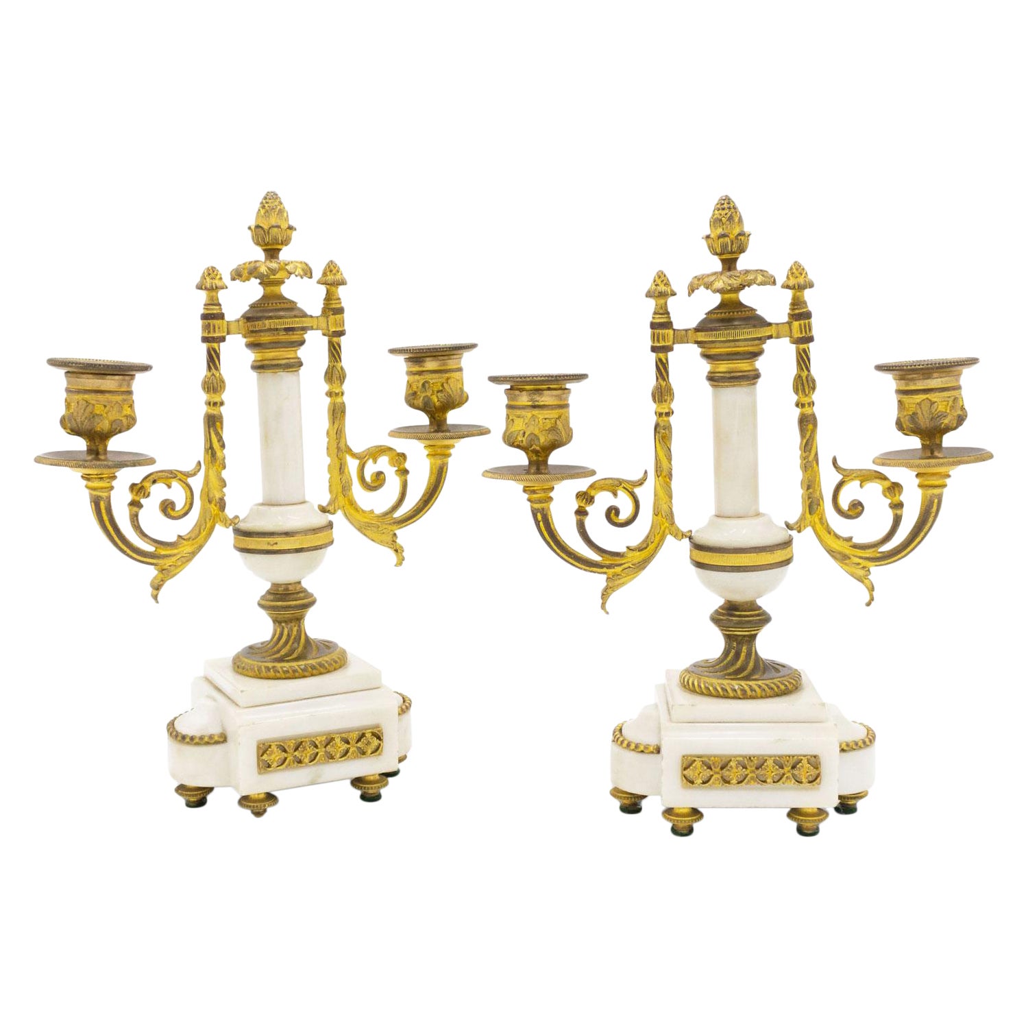 Pair of French Louis XVI Style Marble and Bronze Candelabras