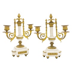 Pair of French Louis XVI Style Marble and Bronze Candelabras