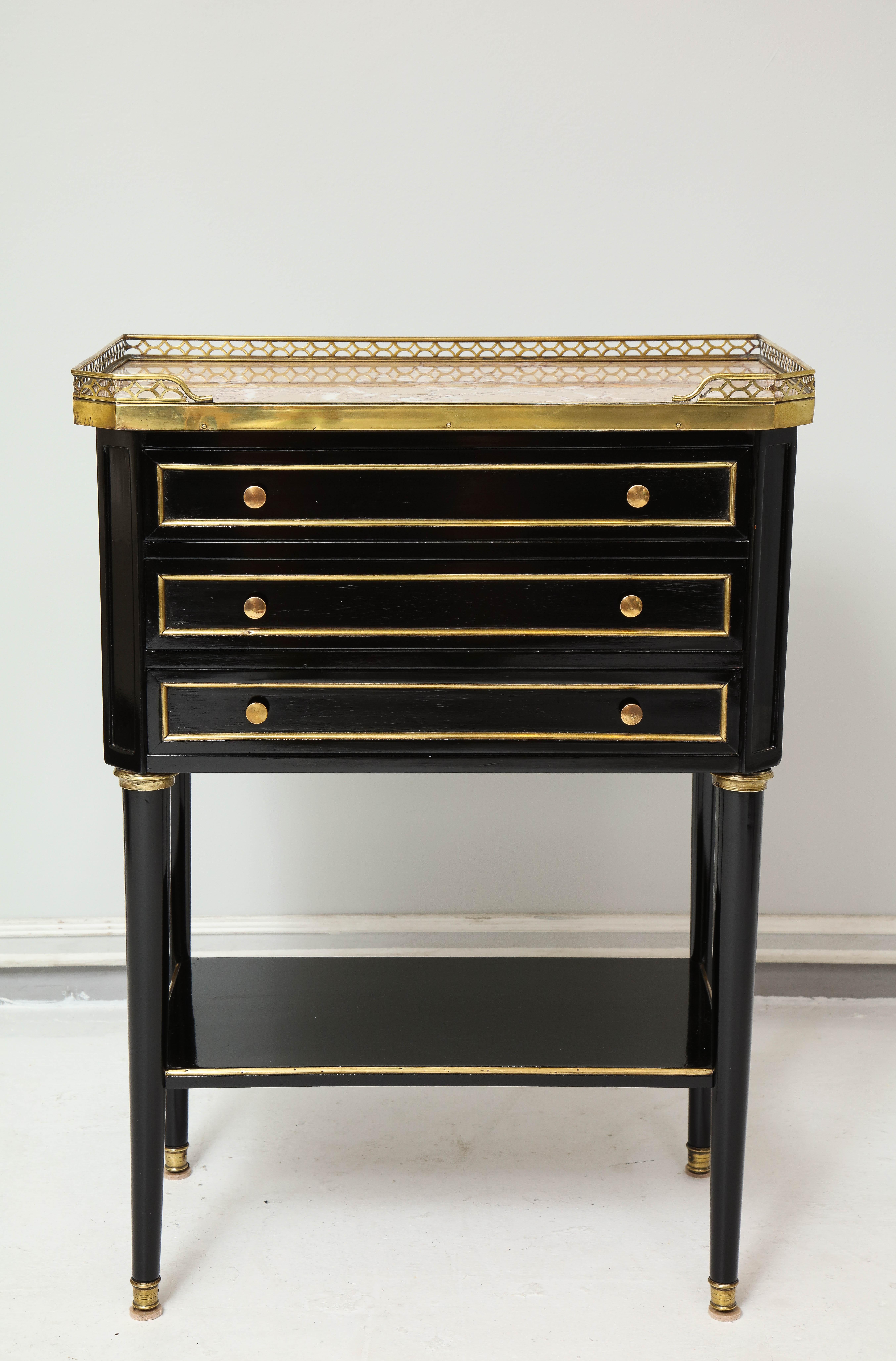 Ebonized Pair of French Louis XVI Style Marble-Top End Tables with Brass Gallery