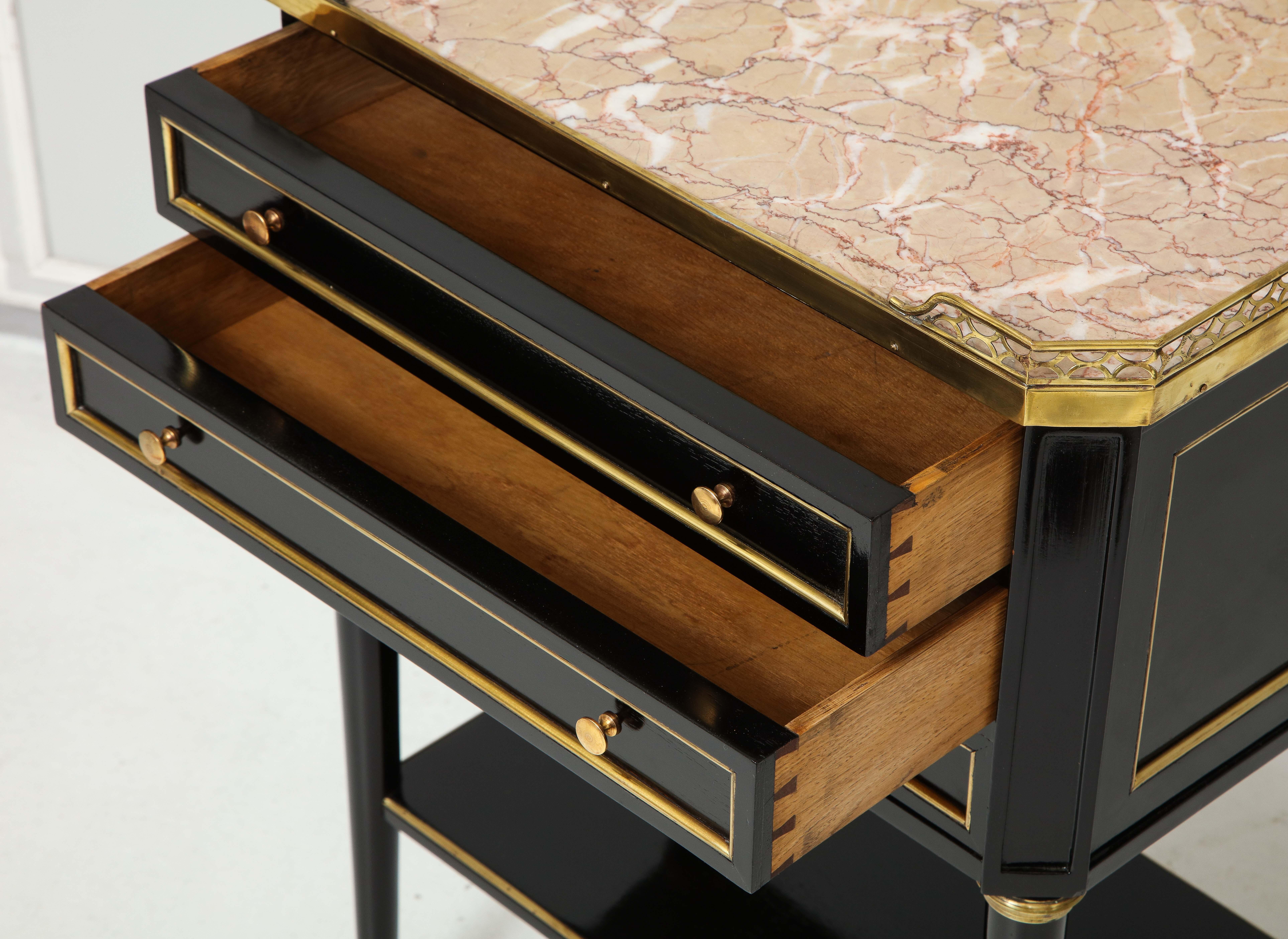 Mahogany Pair of French Louis XVI Style Marble-Top End Tables with Brass Gallery