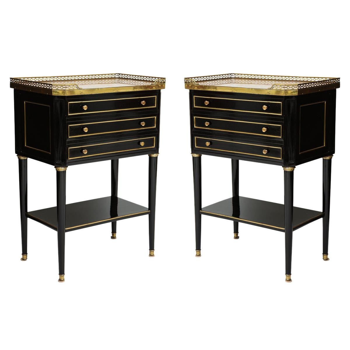 Pair of French Louis XVI Style Marble-Top End Tables with Brass Gallery