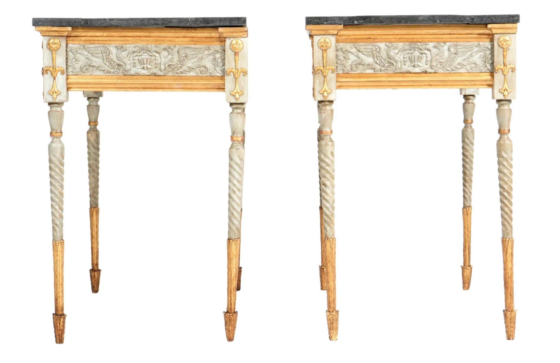 20th Century Pair Of French Louis XVI Style Marble Top Painted Console Tables