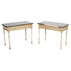 Pair Of French Louis XVI Style Marble Top Painted Console Tables