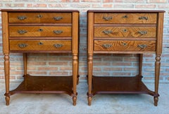Pair of French Louis XVI Style Marquetry Bedside Tables with Three Drawers