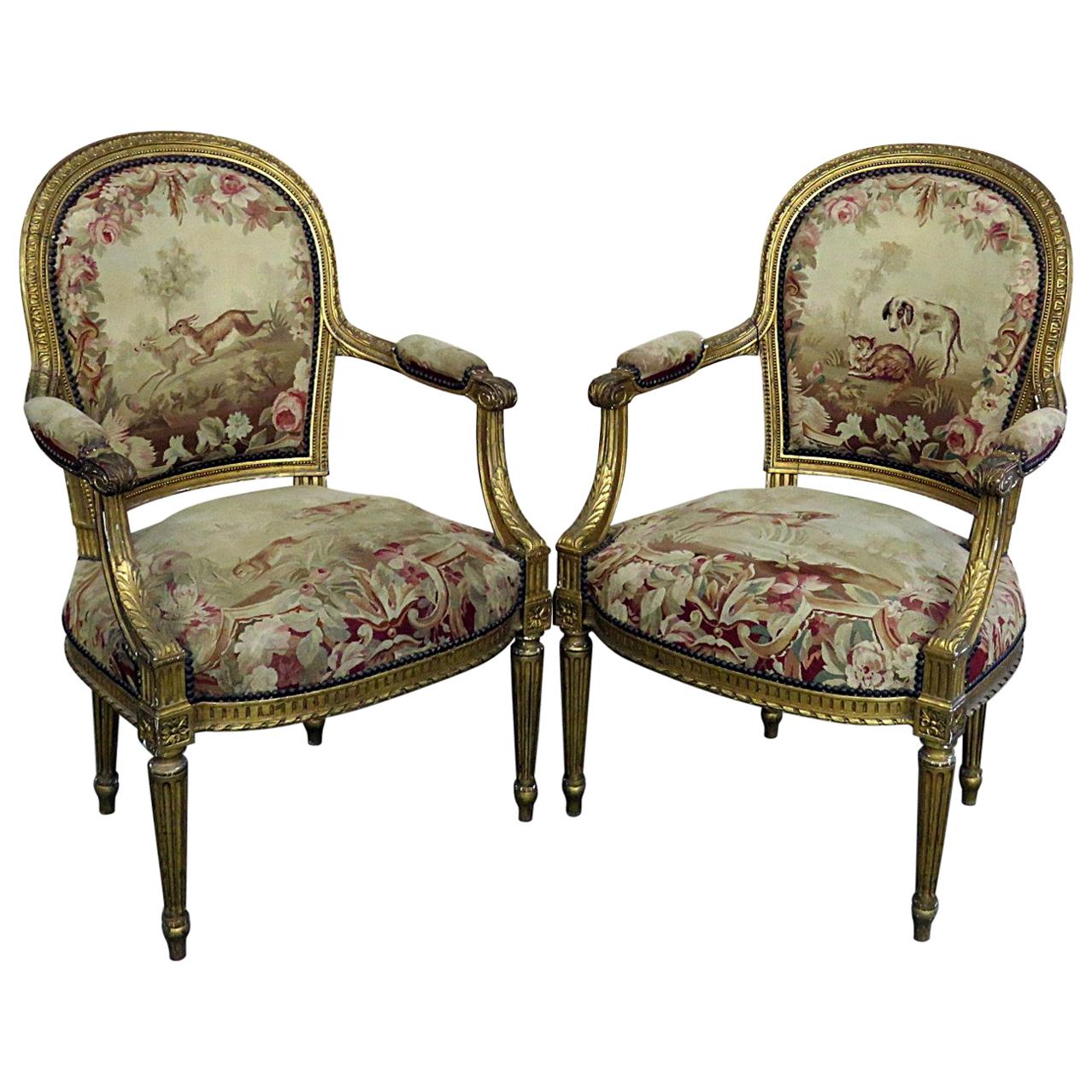 Pair of French Louis XVI Style Needlepoint Fauteuils