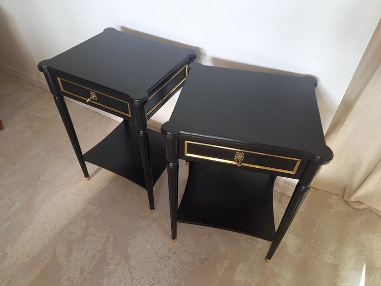 Pair of French Louis XVI Style Nightstands Tables, Bronze & Brass Details For Sale 5