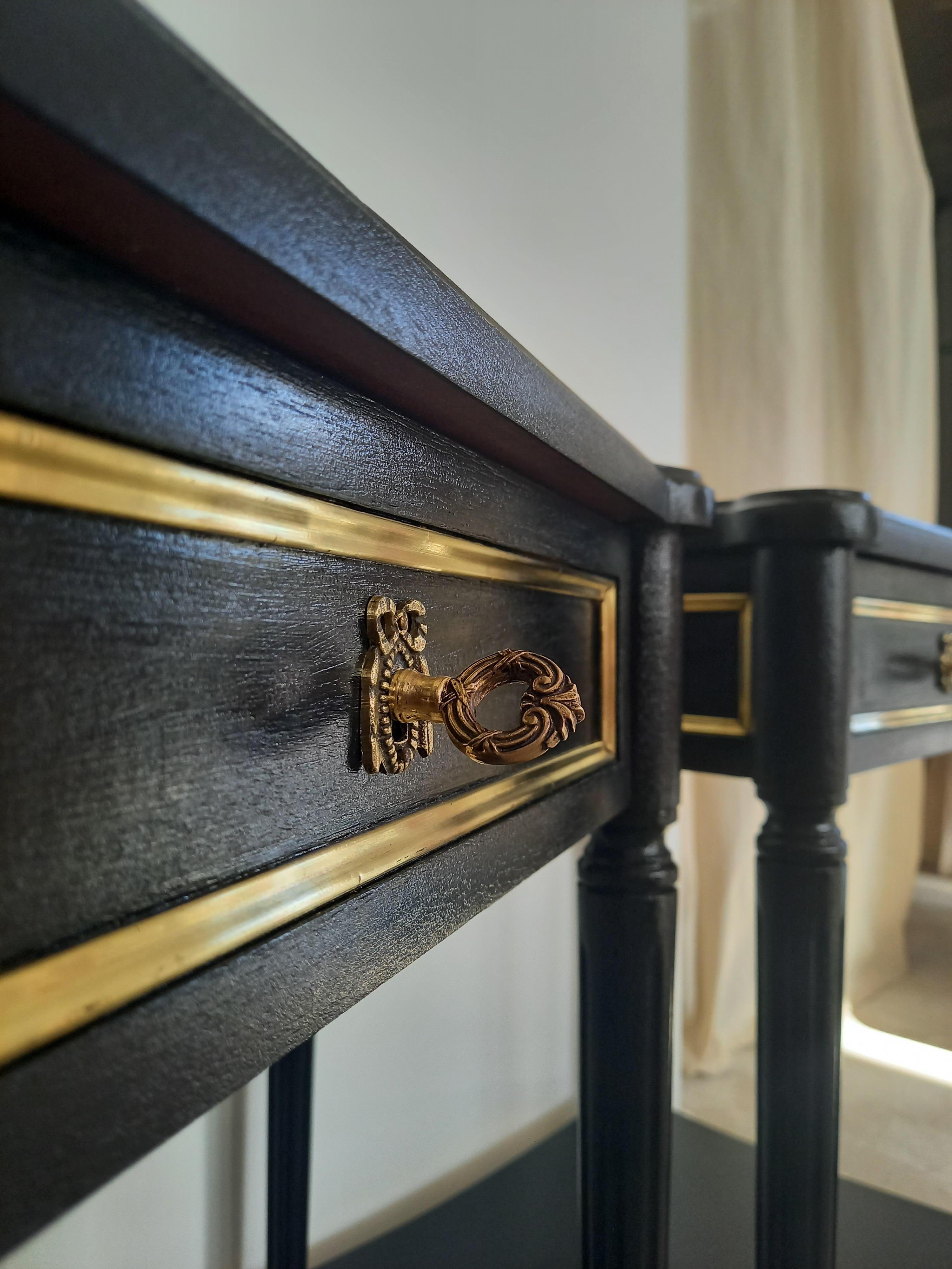 20th Century Pair of French Louis XVI Style Nightstands Tables, Bronze & Brass Details