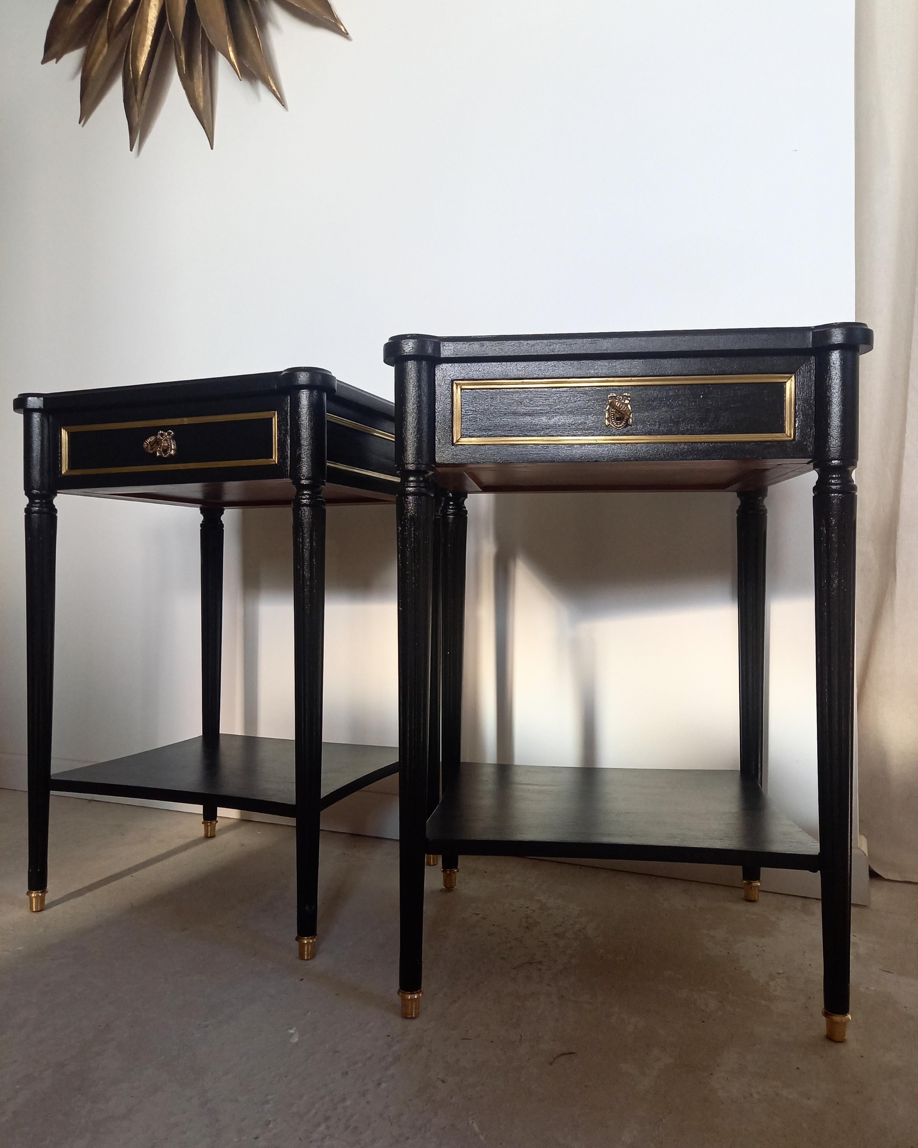 Wood Pair of French Louis XVI Style Nightstands Tables, Bronze & Brass Details