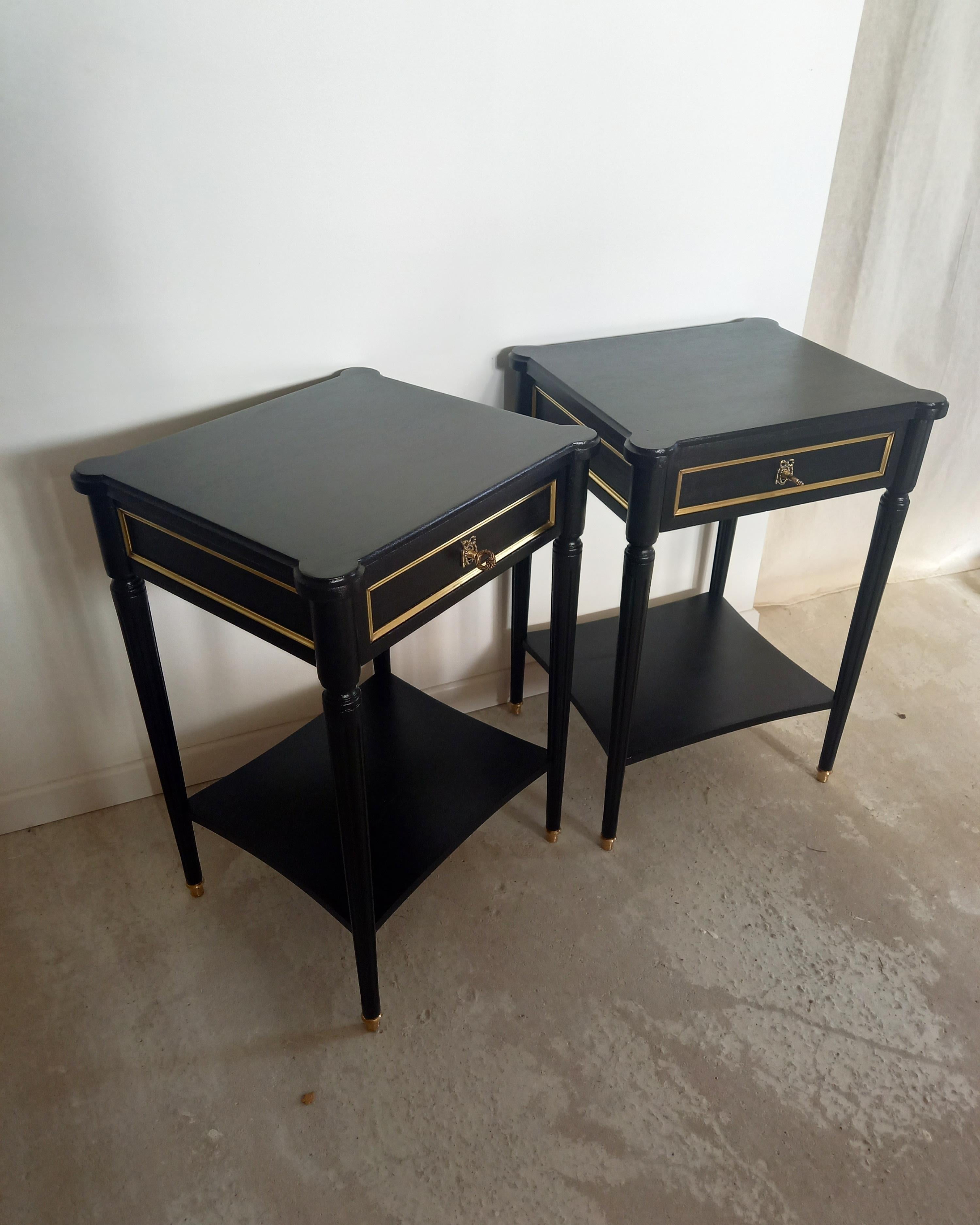 Pair of French Louis XVI Style Nightstands Tables, Bronze & Brass Details 1