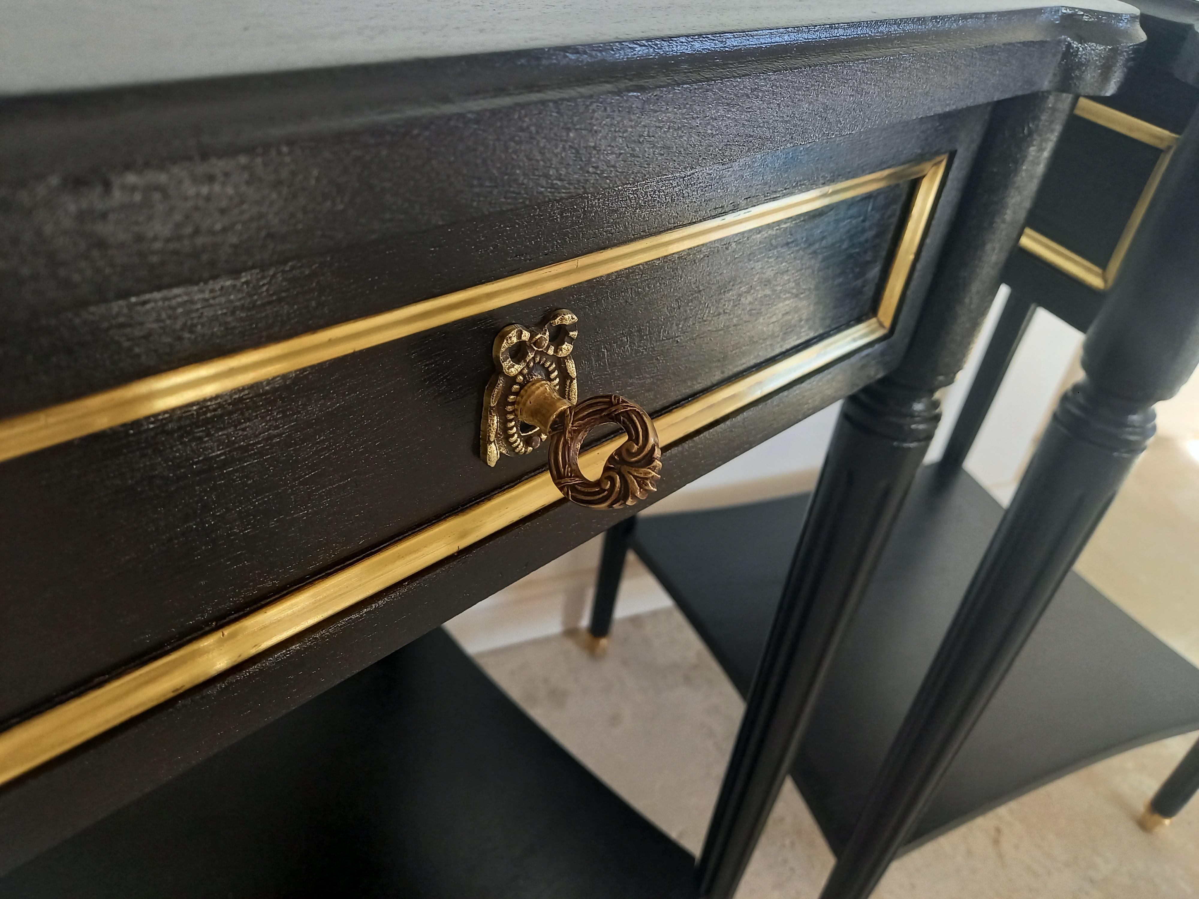 Pair of French Louis XVI Style Nightstands Tables, Bronze & Brass Details 2