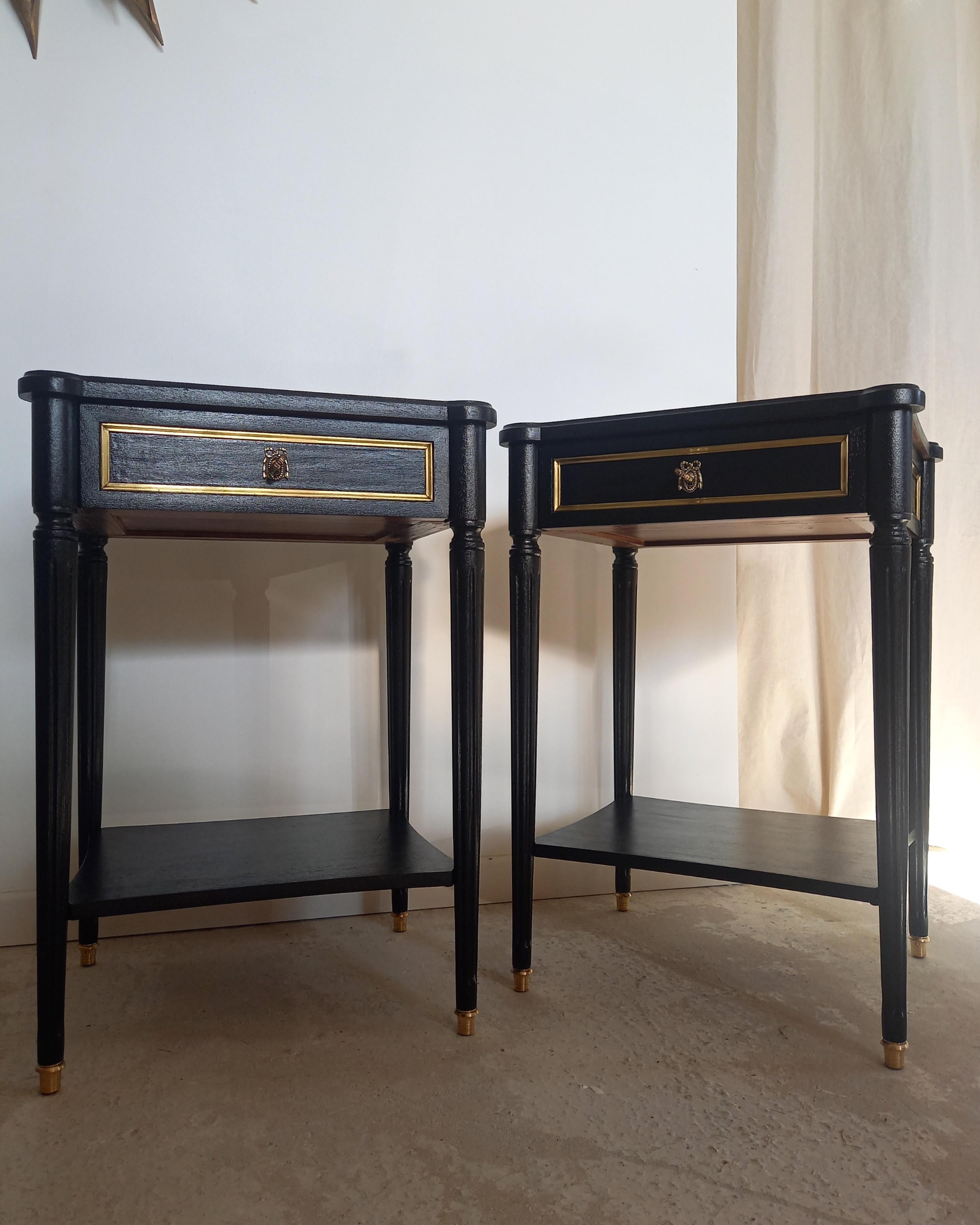 Pair of French Louis XVI Style Nightstands Tables, Bronze & Brass Details 3