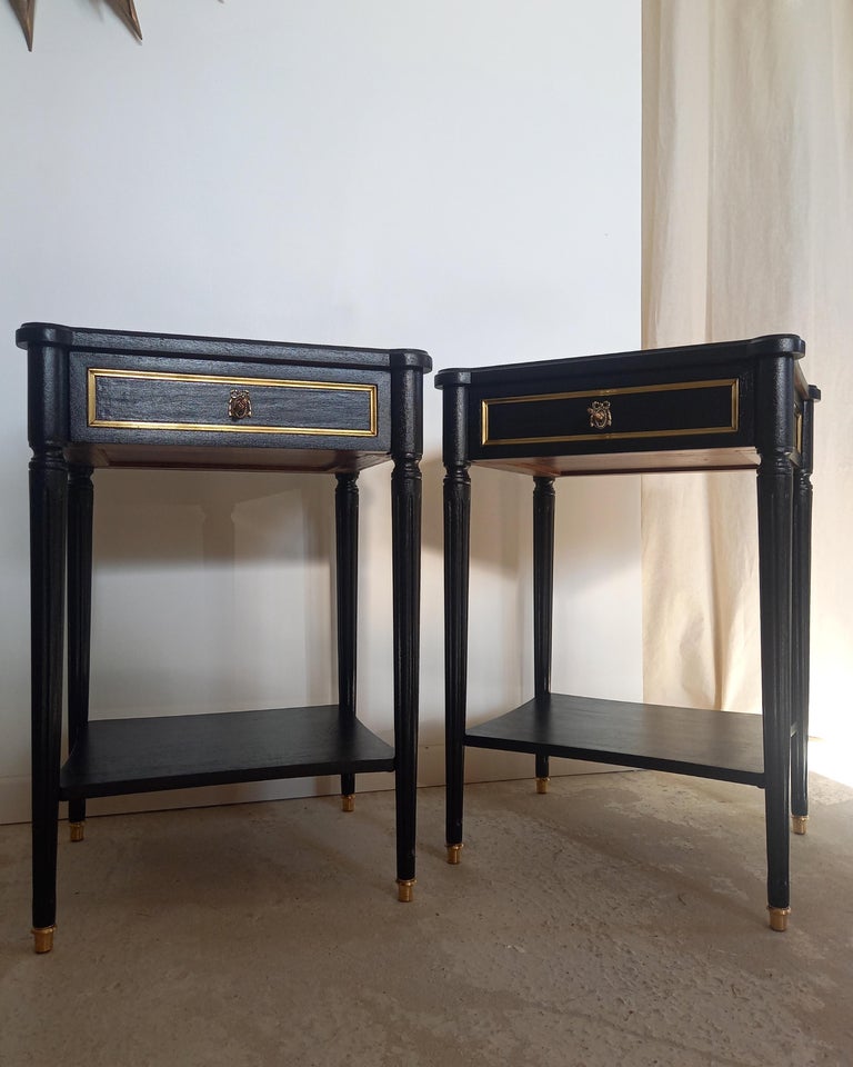 Pair of French Louis XVI Style Nightstands Tables, Bronze & Brass Details For Sale 3