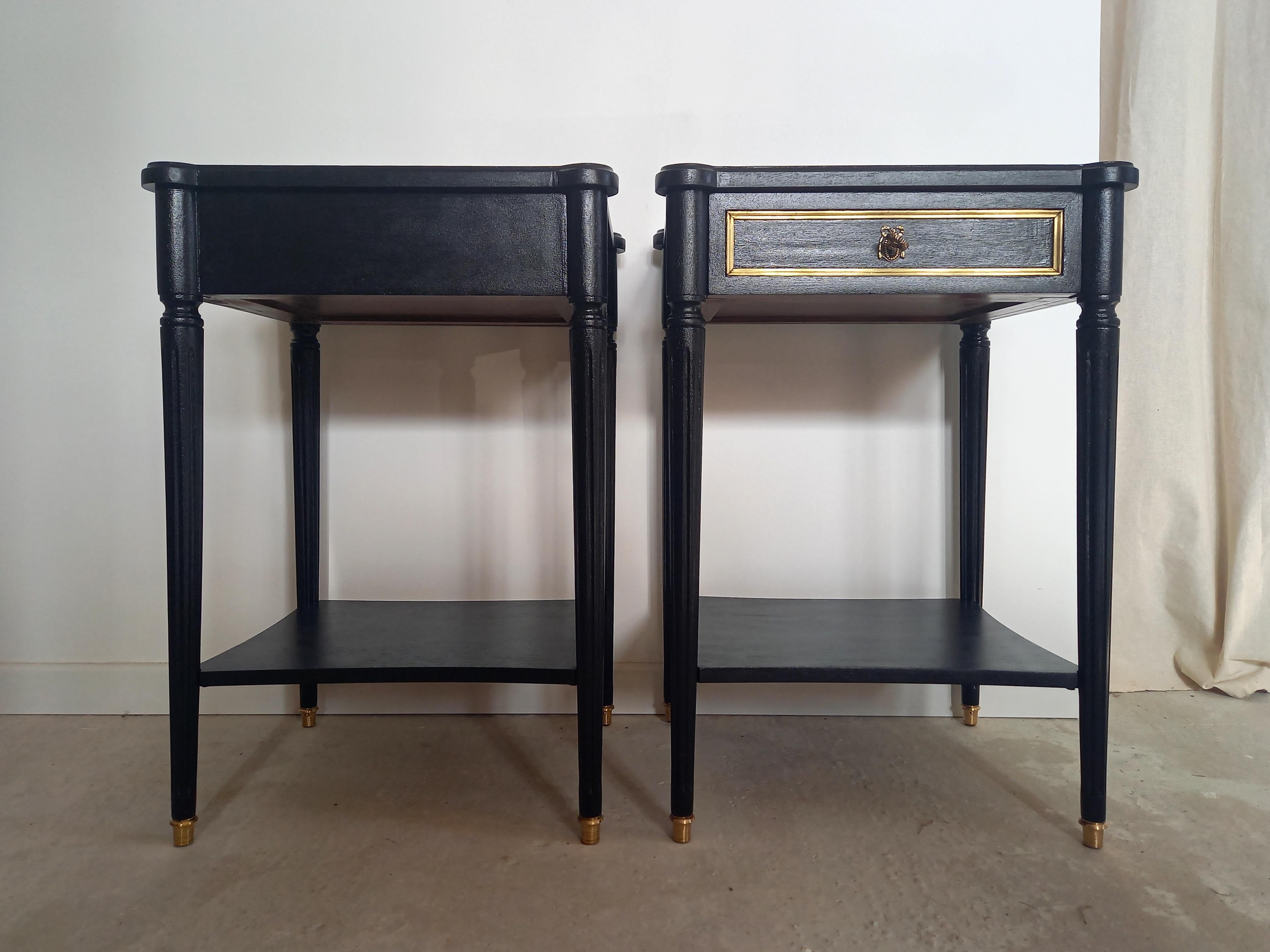 Pair of French Louis XVI Style Nightstands Tables, Bronze & Brass Details 4