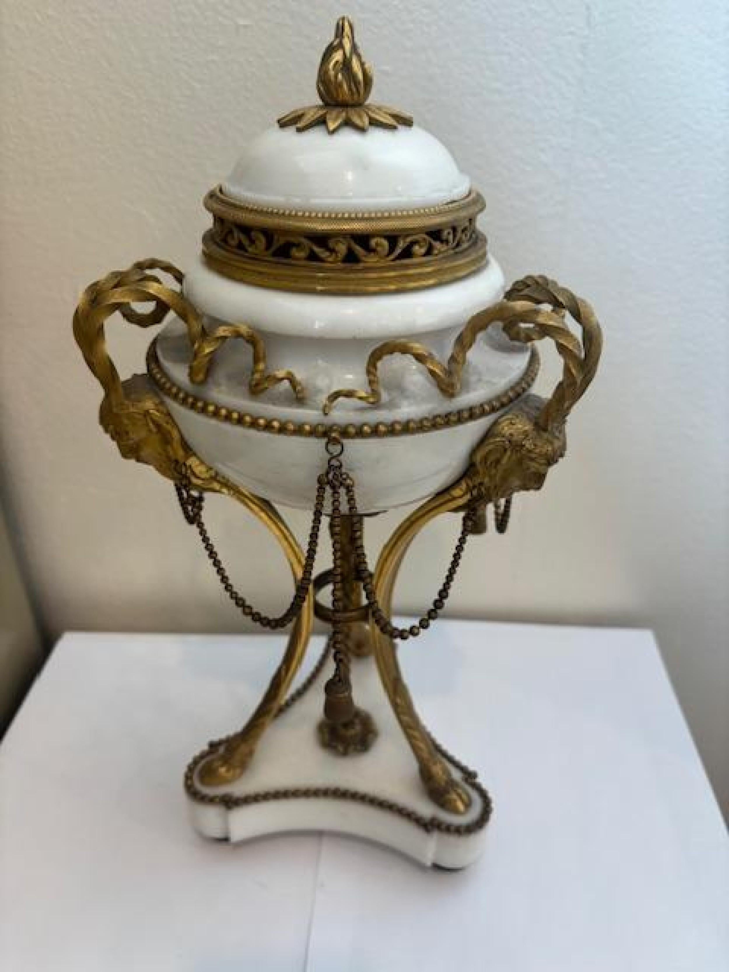 Bronze Pair of French Louis XVI Style Ormolu and Marble Cassolettes For Sale