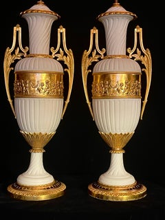 Pair of French Louis XVI Style Ormolu Mounted Biscuit Porcelain Lamps