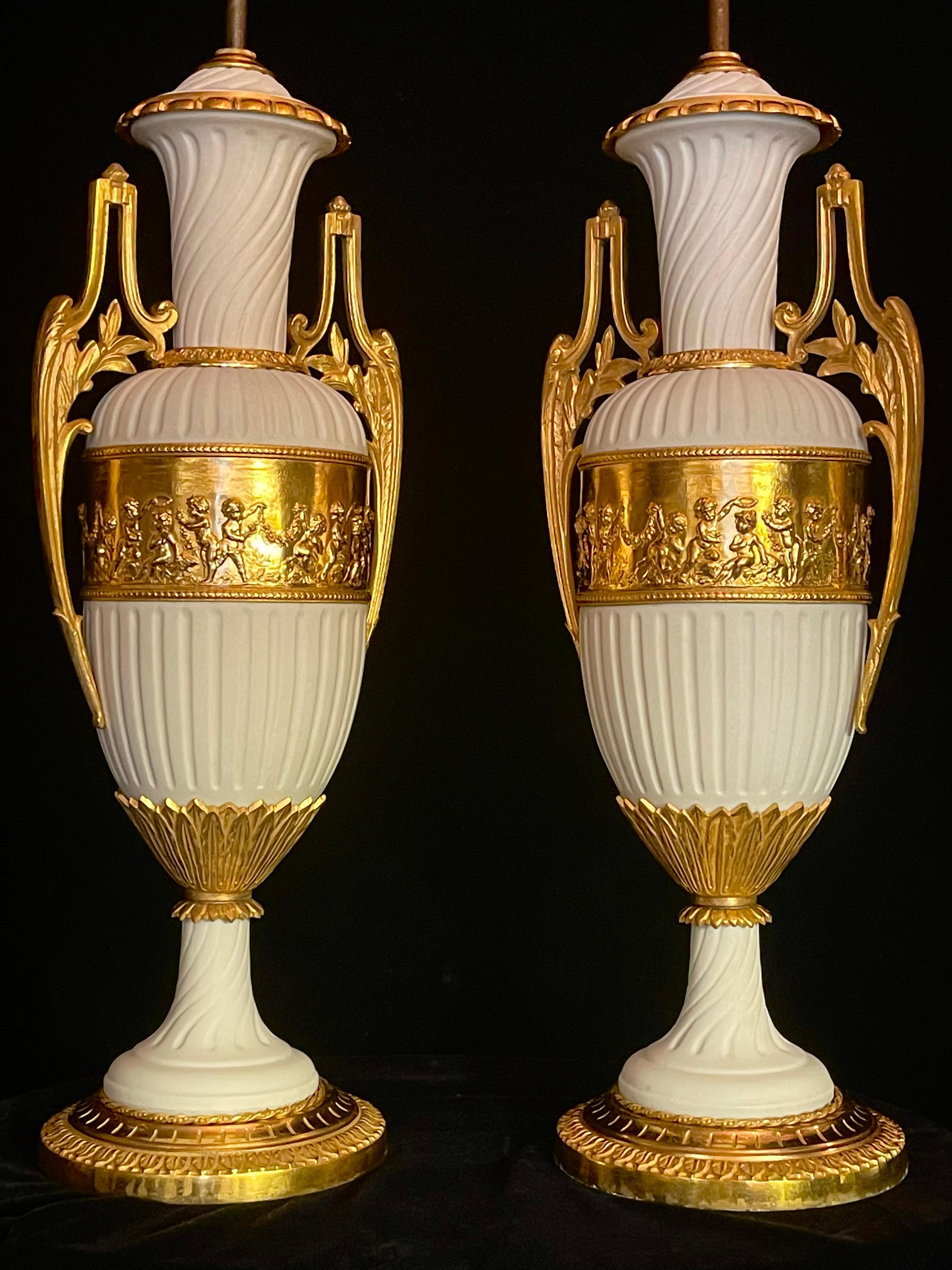 Pair of French Louis XVI Style Ormolu Mounted Biscuit Porcelain Lamps In Good Condition For Sale In New York, NY