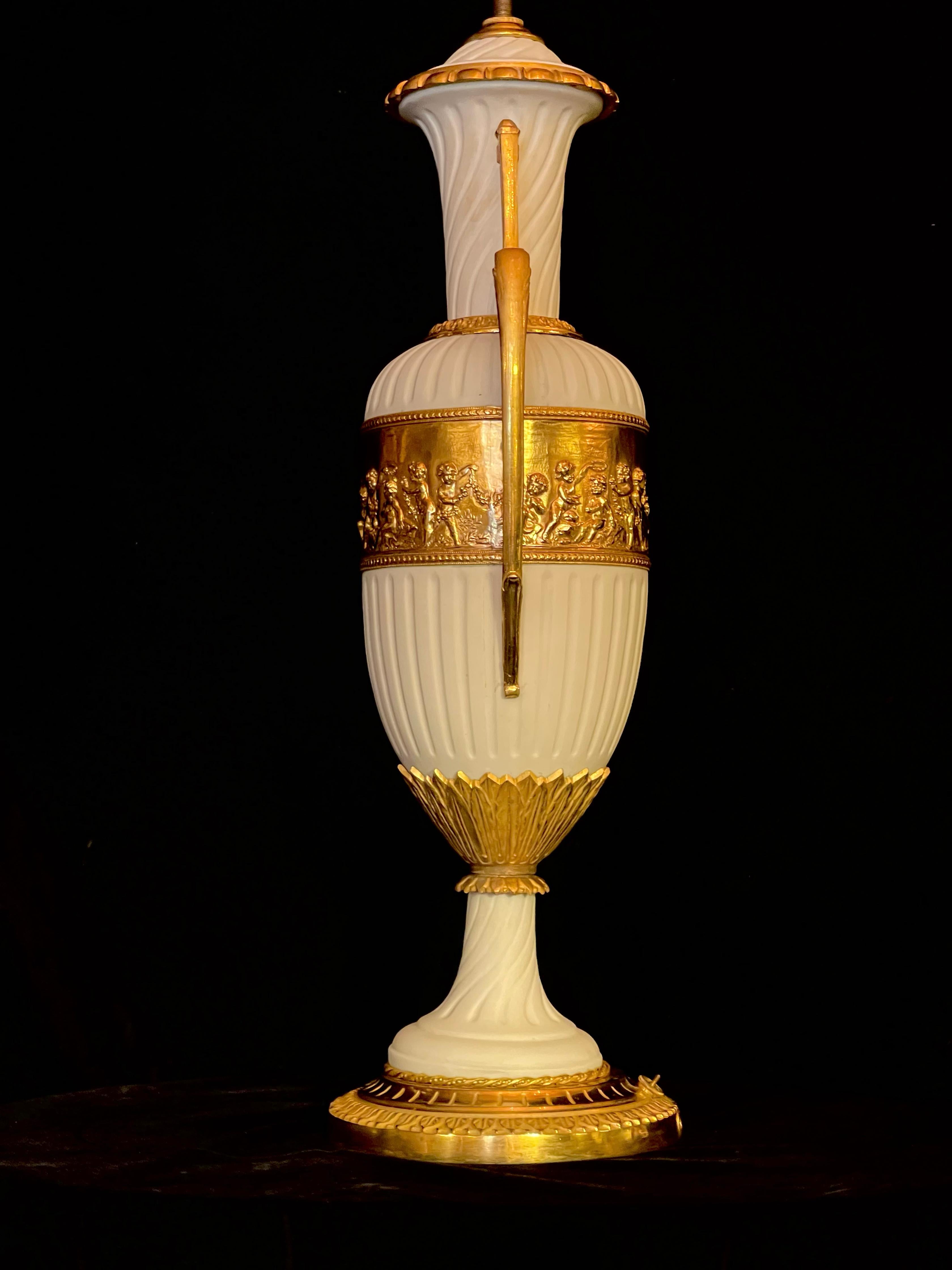 Pair of French Louis XVI Style Ormolu Mounted Biscuit Porcelain Lamps For Sale 1