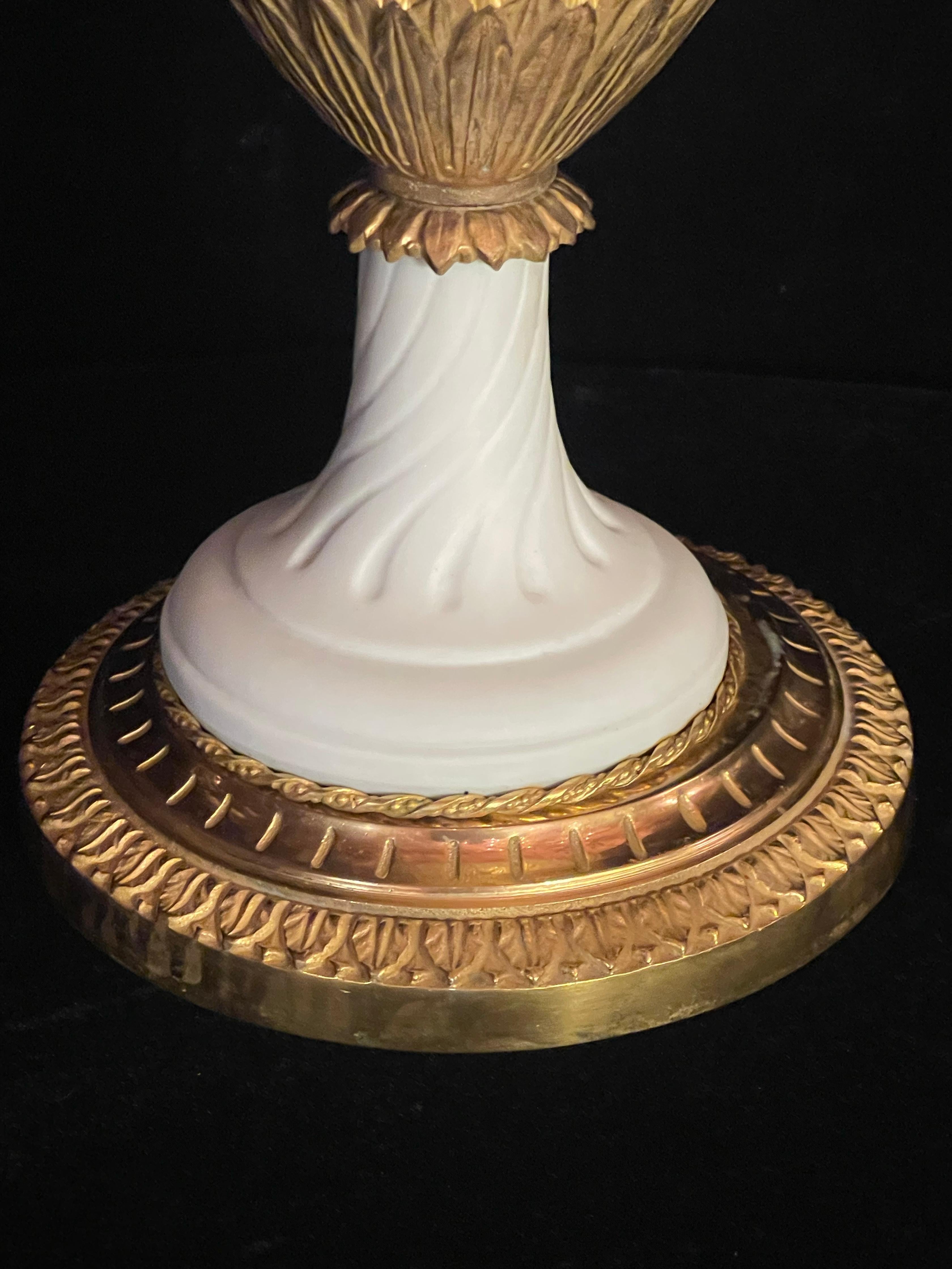 Pair of French Louis XVI Style Ormolu Mounted Biscuit Porcelain Lamps For Sale 4
