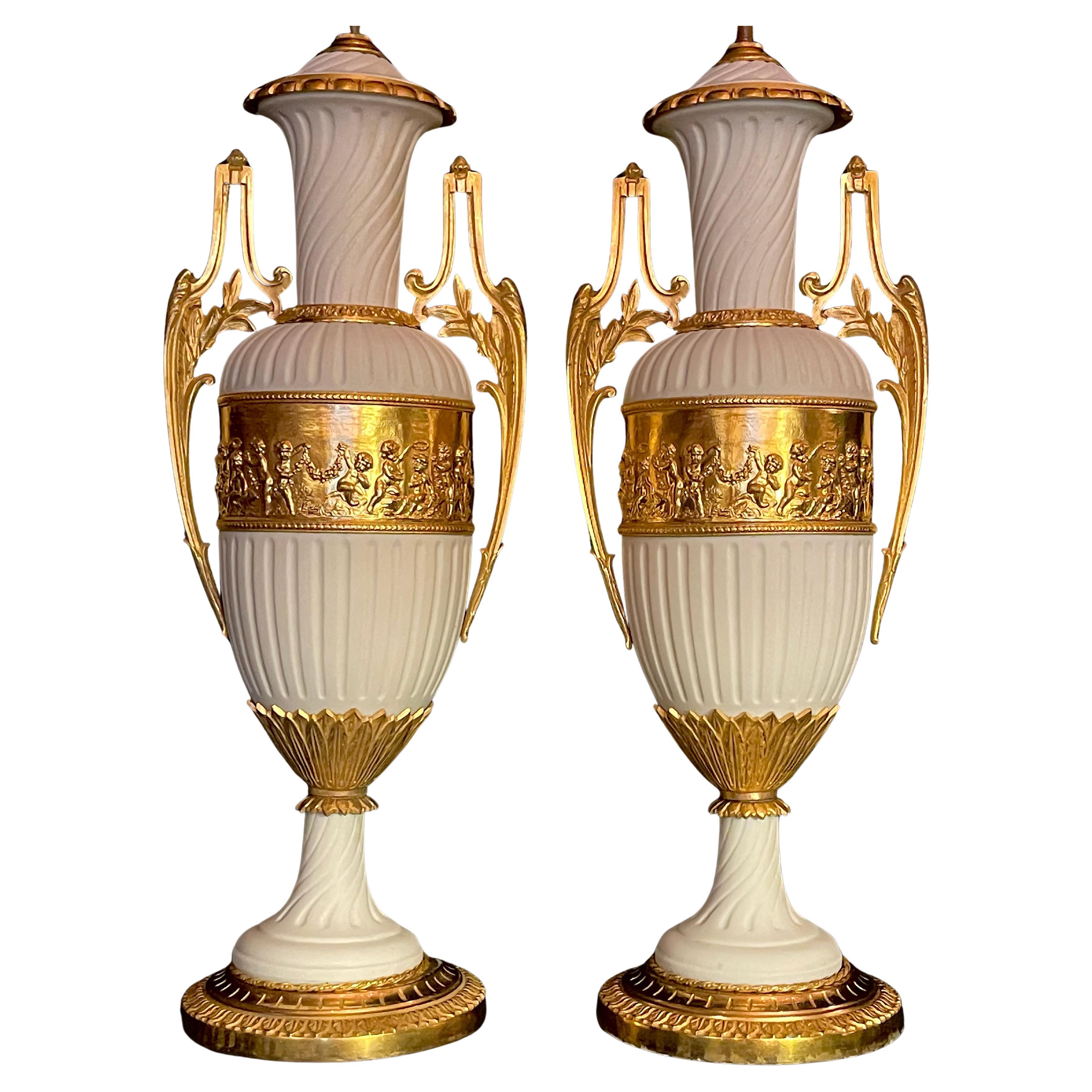 Pair of French Louis XVI Style Ormolu Mounted Biscuit Porcelain Lamps For Sale