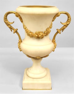 Pair of French Louis XVI Style Ormolu and White Marble Urns