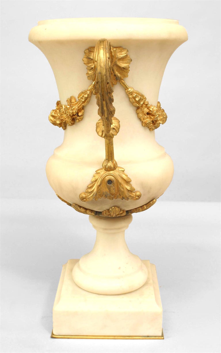 20th Century Pair of French Louis XVI Style Ormolu and White Marble Urns For Sale