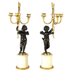 Pair of French LOUIS XVI style ormolu, patinated-bronze white marble candelabras