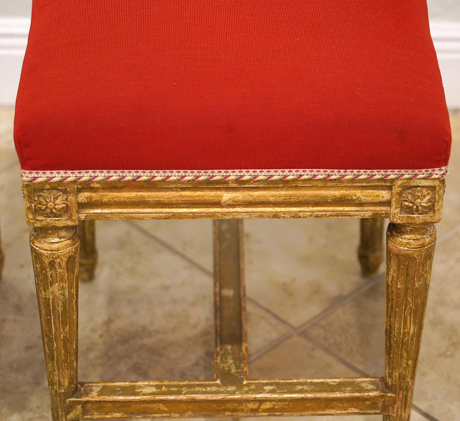 20th Century Pair of French Louis XVI Style Paint and Gilt Upholstered Benches or Stools