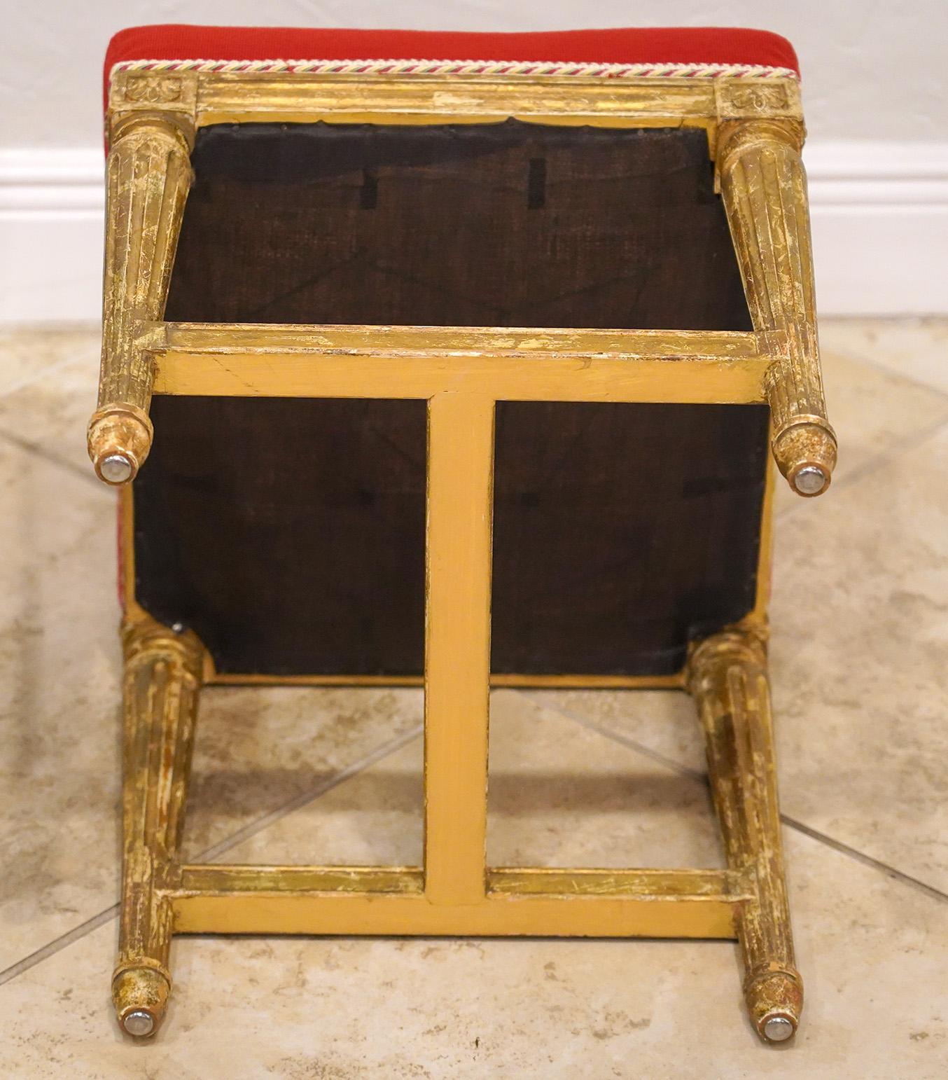 Pair of French Louis XVI Style Paint and Gilt Upholstered Benches or Stools 3