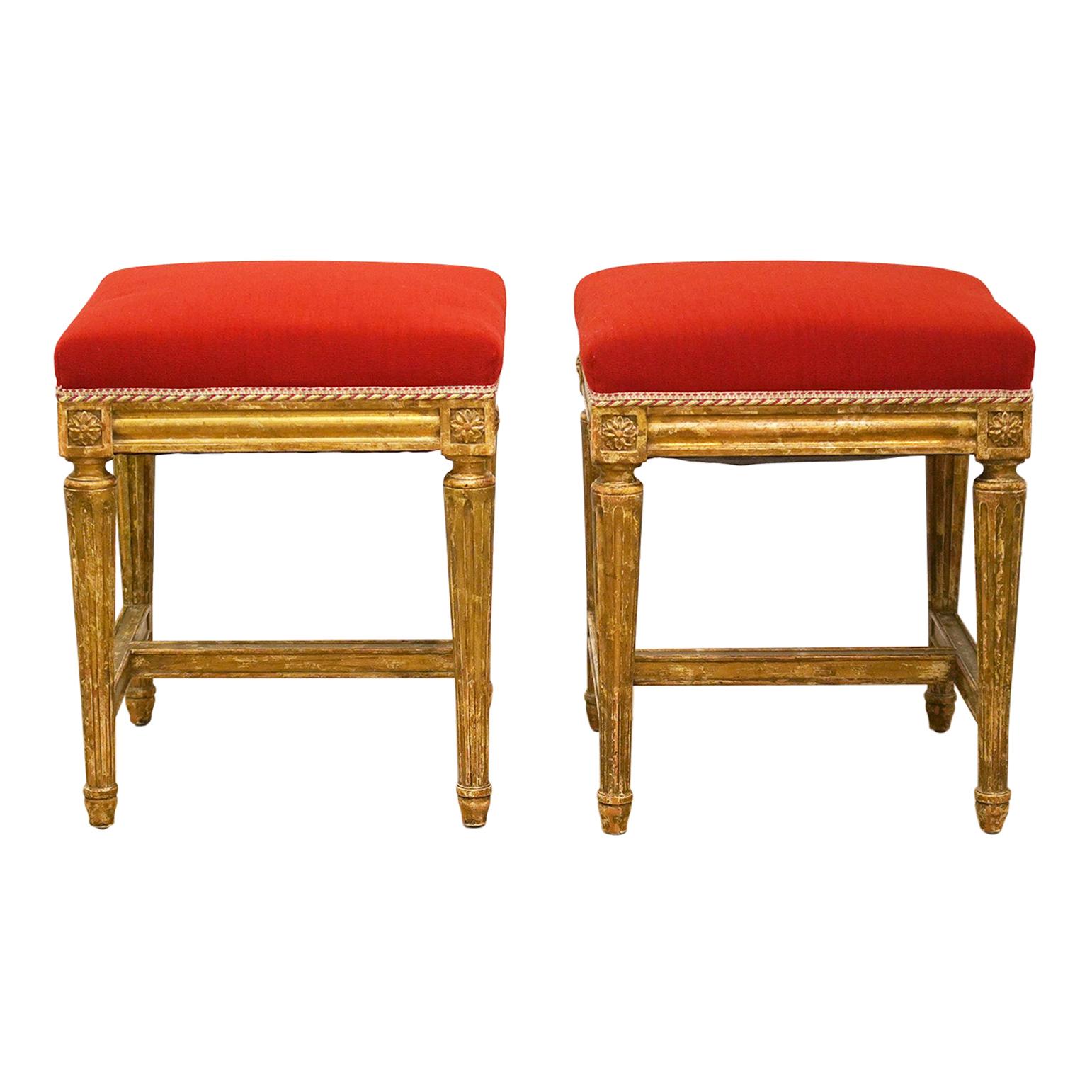 Pair of French Louis XVI Style Paint and Gilt Upholstered Benches or Stools