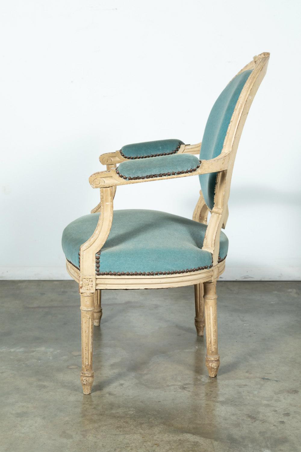 Wood Pair of French Louis XVI Style Painted Armchairs
