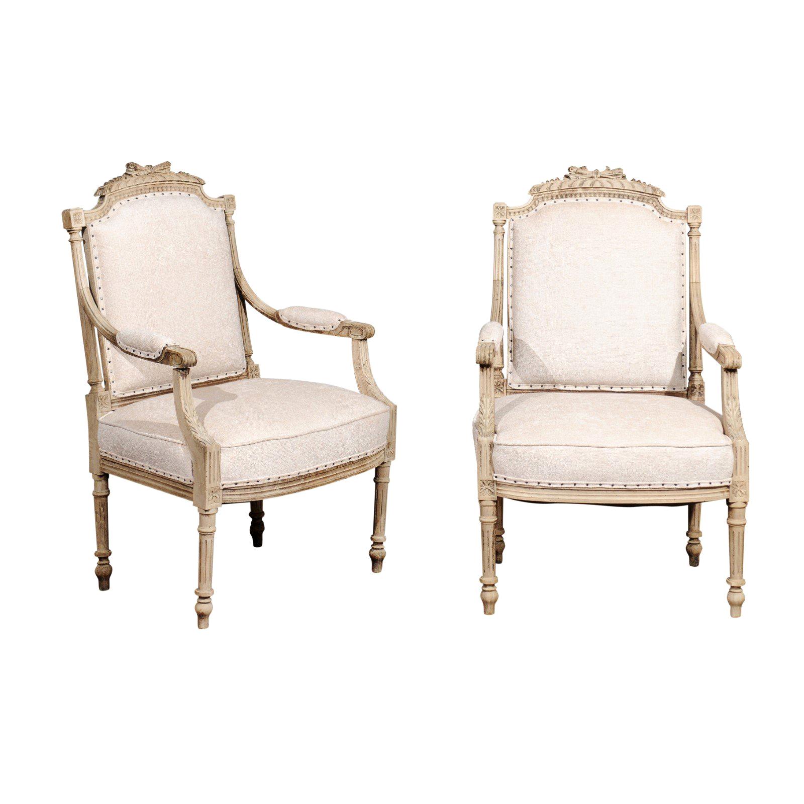 Pair of French Louis XVI Style Painted Armchairs with Quiver and Arrow Crest