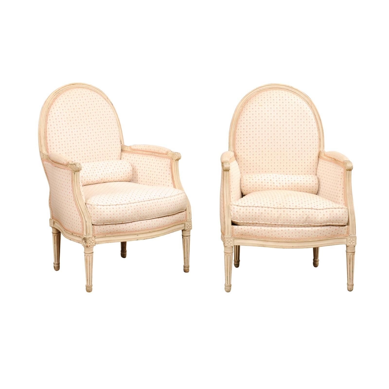 Pair of French Louis XVI Style Painted Bergères Chairs with Oval Shaped Backs For Sale 6