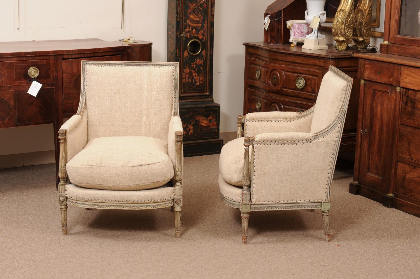 Pair of French Louis XVI Style Painted Bergeres with Linen Upholstery For Sale 6