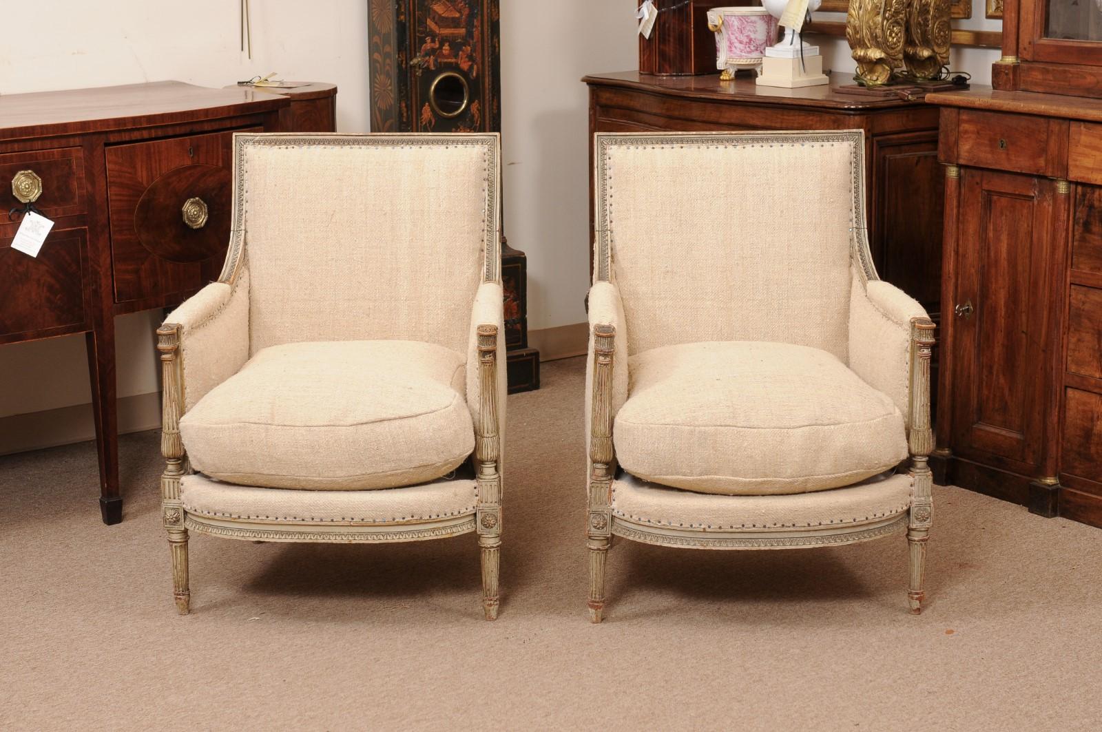 Pair of French Louis XVI Style Painted Bergeres with Linen Upholstery For Sale 7