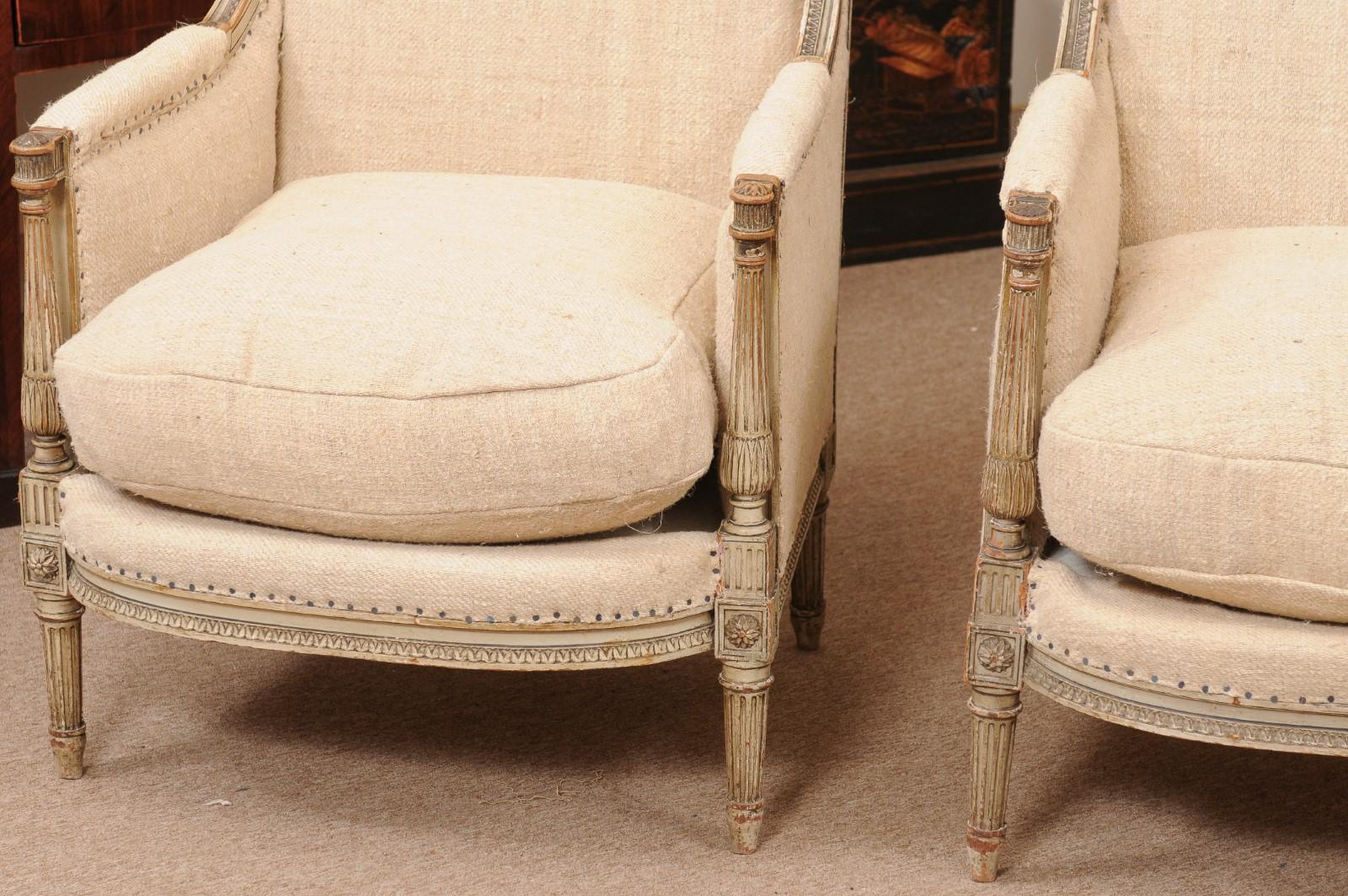 Pair of French Louis XVI Style Painted Bergeres with Linen Upholstery For Sale 8