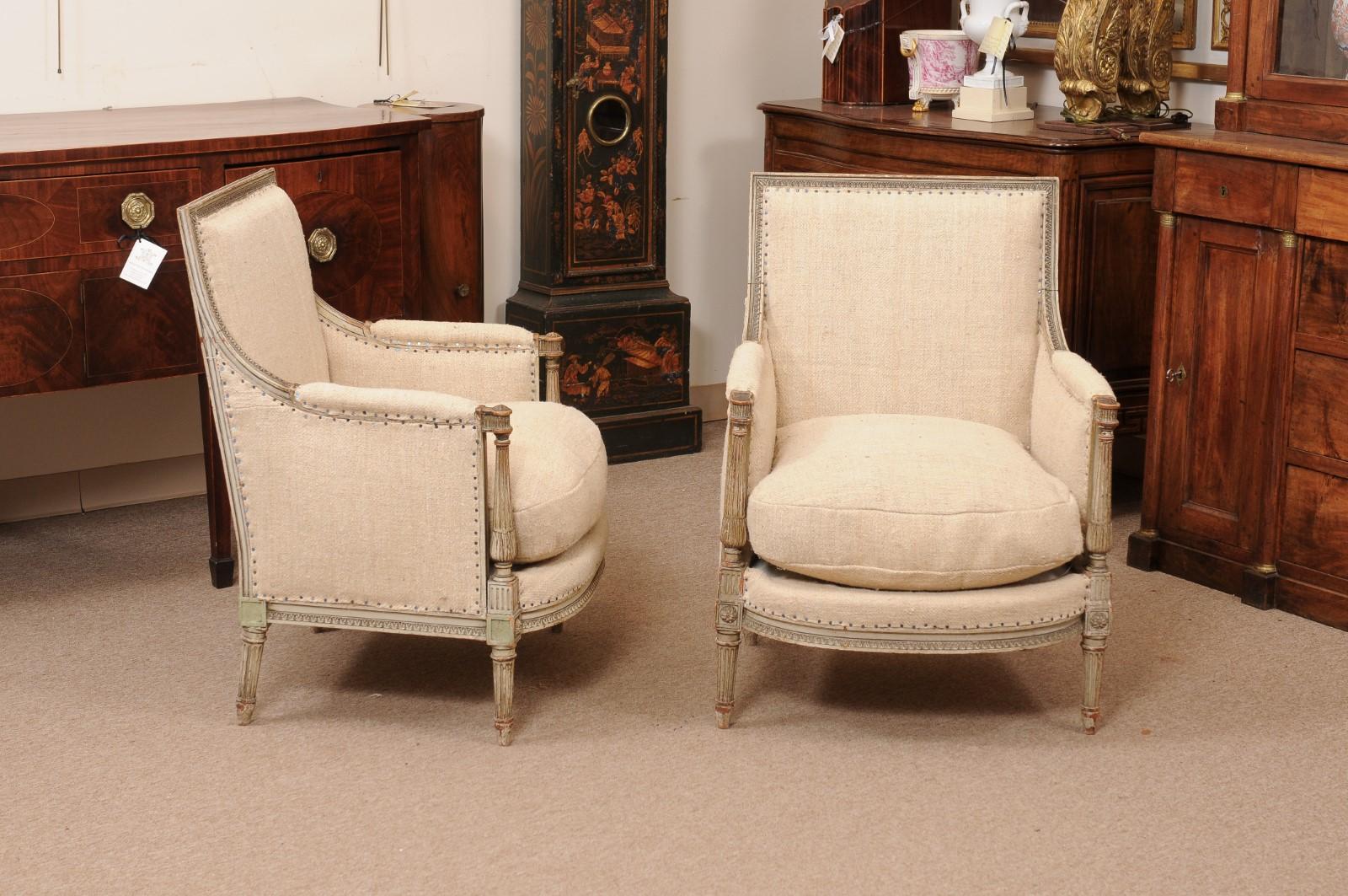 Pair of French Louis XVI Style Painted Bergeres with Linen Upholstery For Sale 1