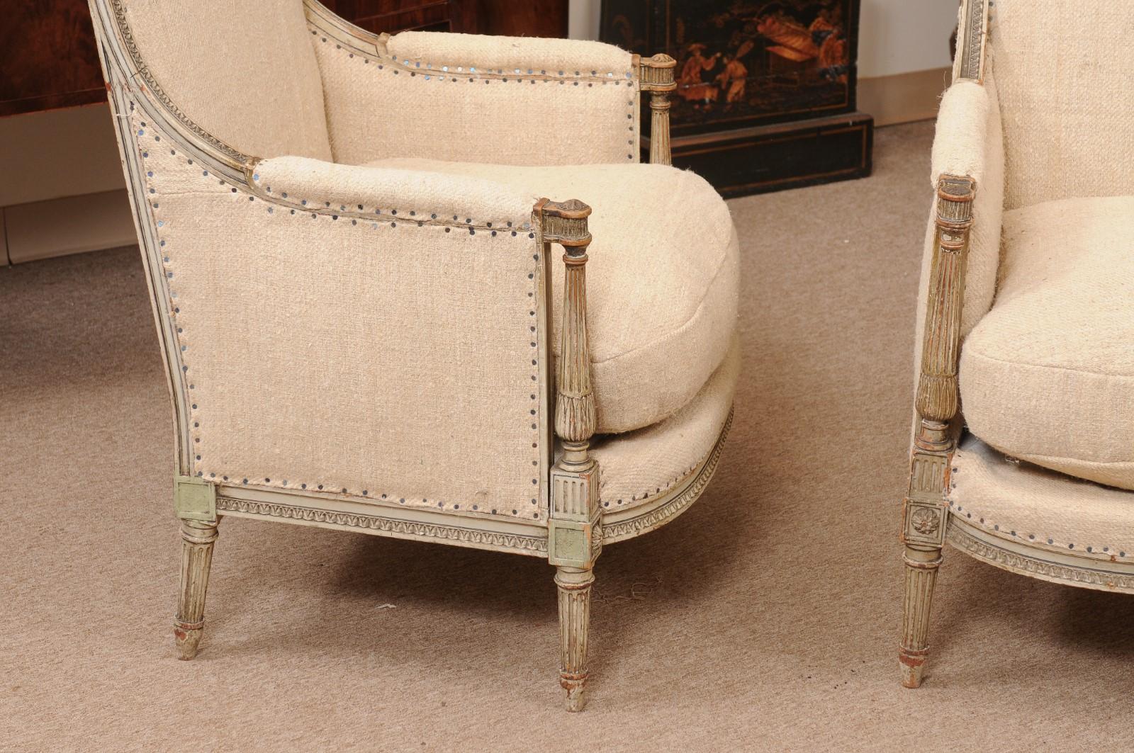 Pair of French Louis XVI Style Painted Bergeres with Linen Upholstery For Sale 2