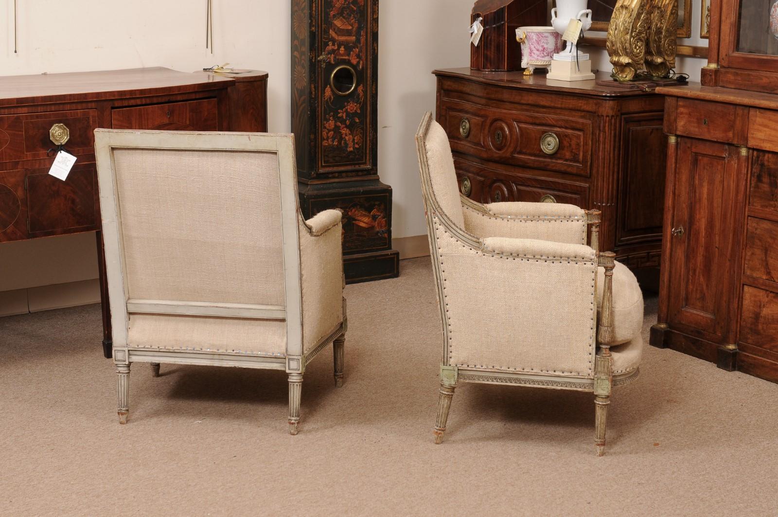 Pair of French Louis XVI Style Painted Bergeres with Linen Upholstery For Sale 3