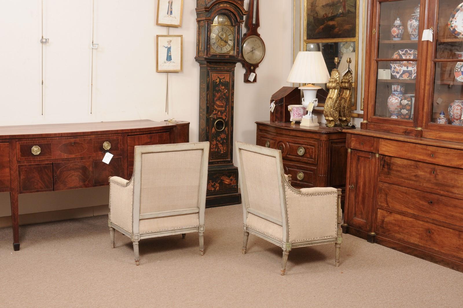 Pair of French Louis XVI Style Painted Bergeres with Linen Upholstery For Sale 4