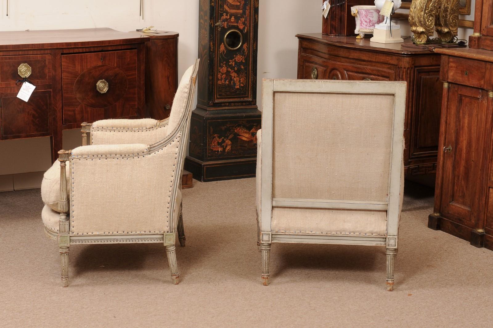 Pair of French Louis XVI Style Painted Bergeres with Linen Upholstery For Sale 5