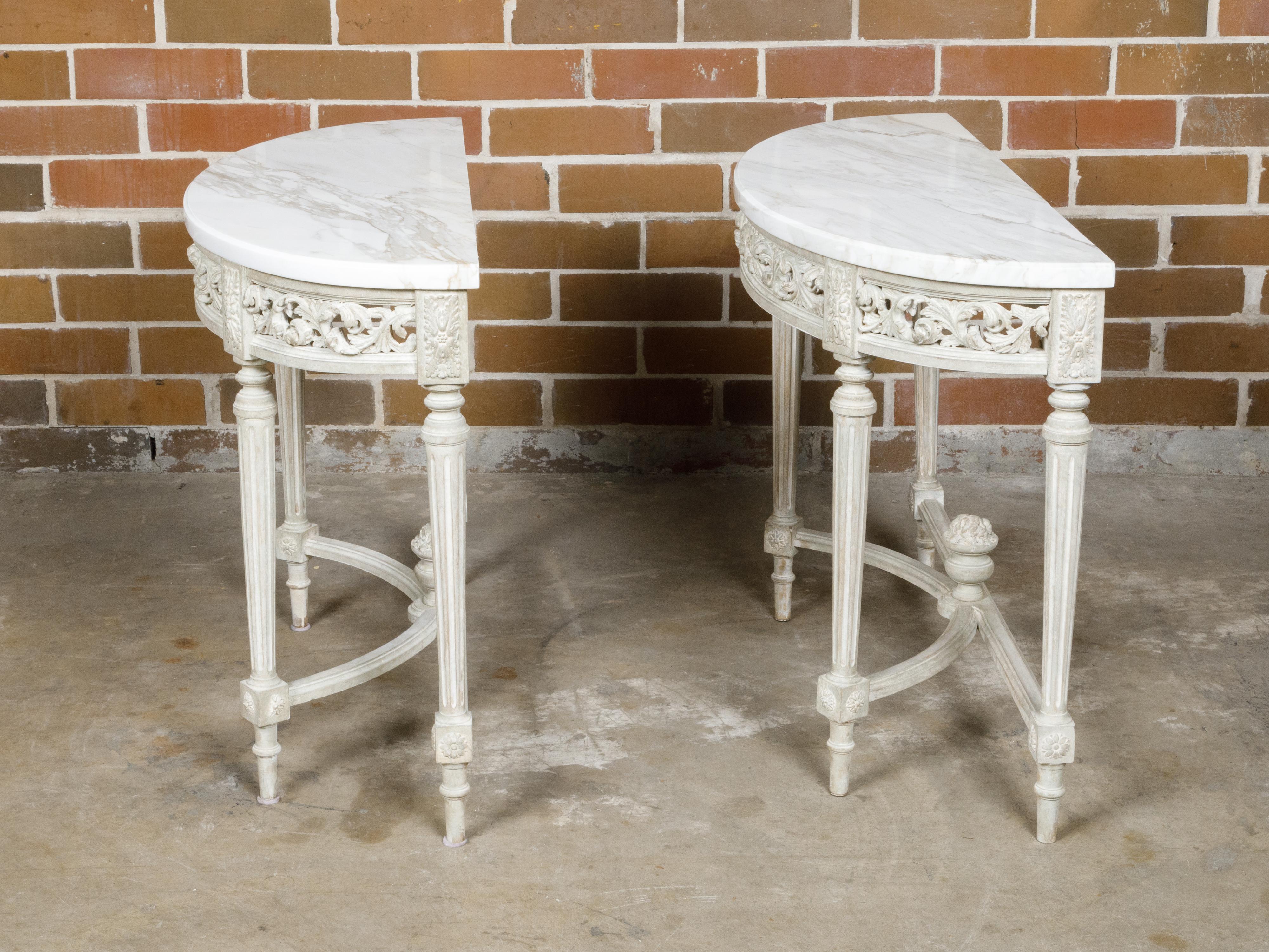Pair of French Louis XVI Style Painted Demilune Console Tables with Marble Tops For Sale 5