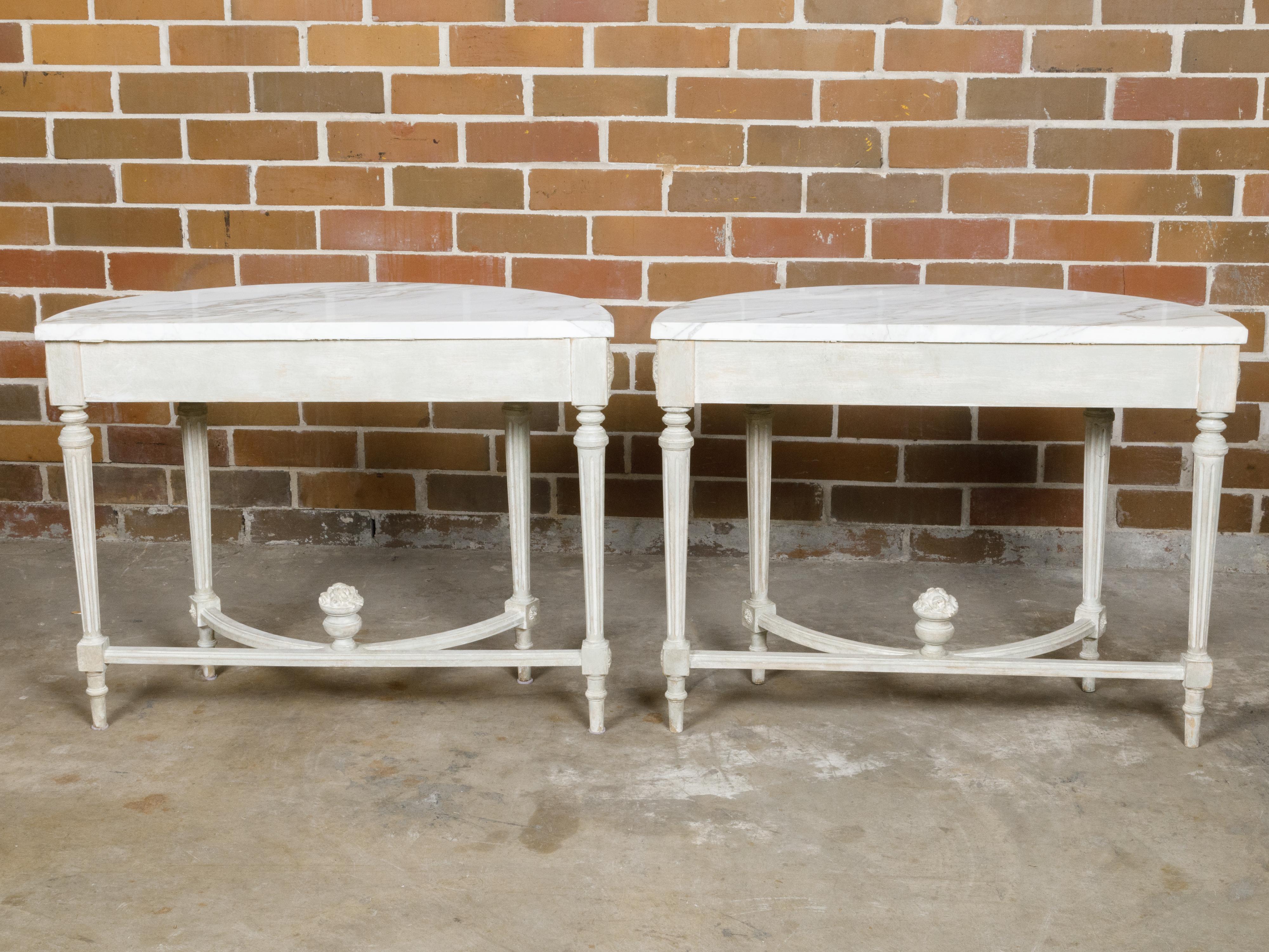 Pair of French Louis XVI Style Painted Demilune Console Tables with Marble Tops For Sale 6