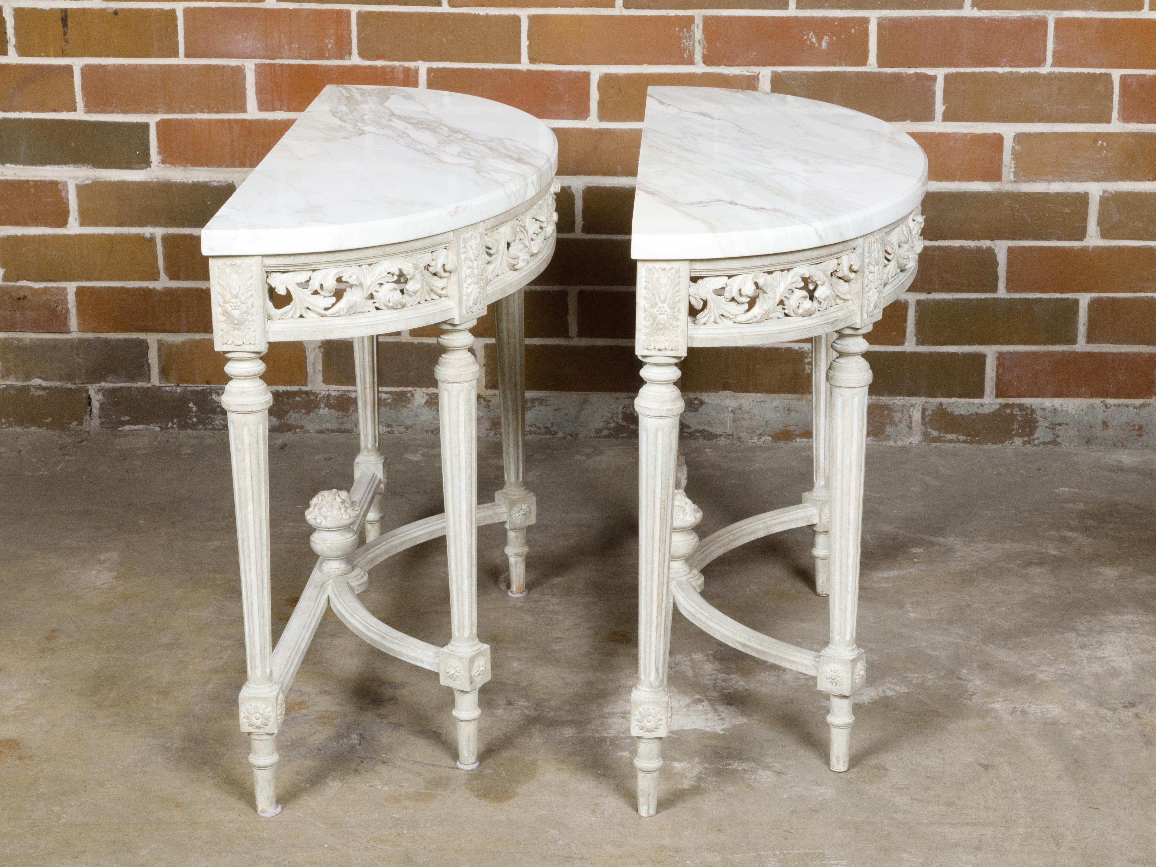 Pair of French Louis XVI Style Painted Demilune Console Tables with Marble Tops For Sale 7