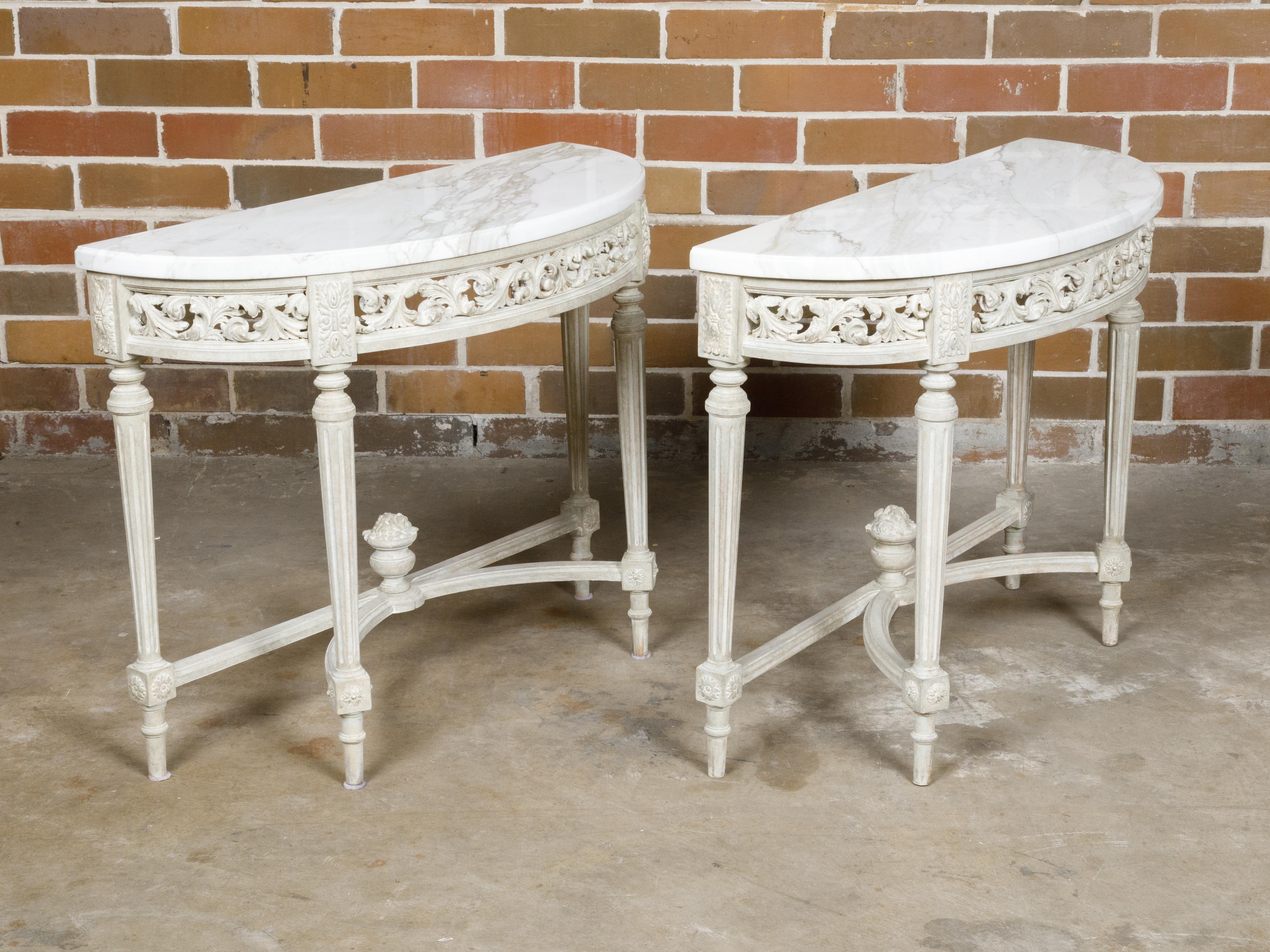Pair of French Louis XVI Style Painted Demilune Console Tables with Marble Tops For Sale 8