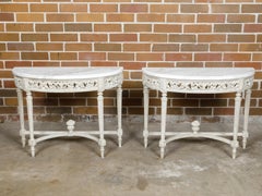 Pair of French Louis XVI Style Painted Demilune Console Tables with Marble Tops