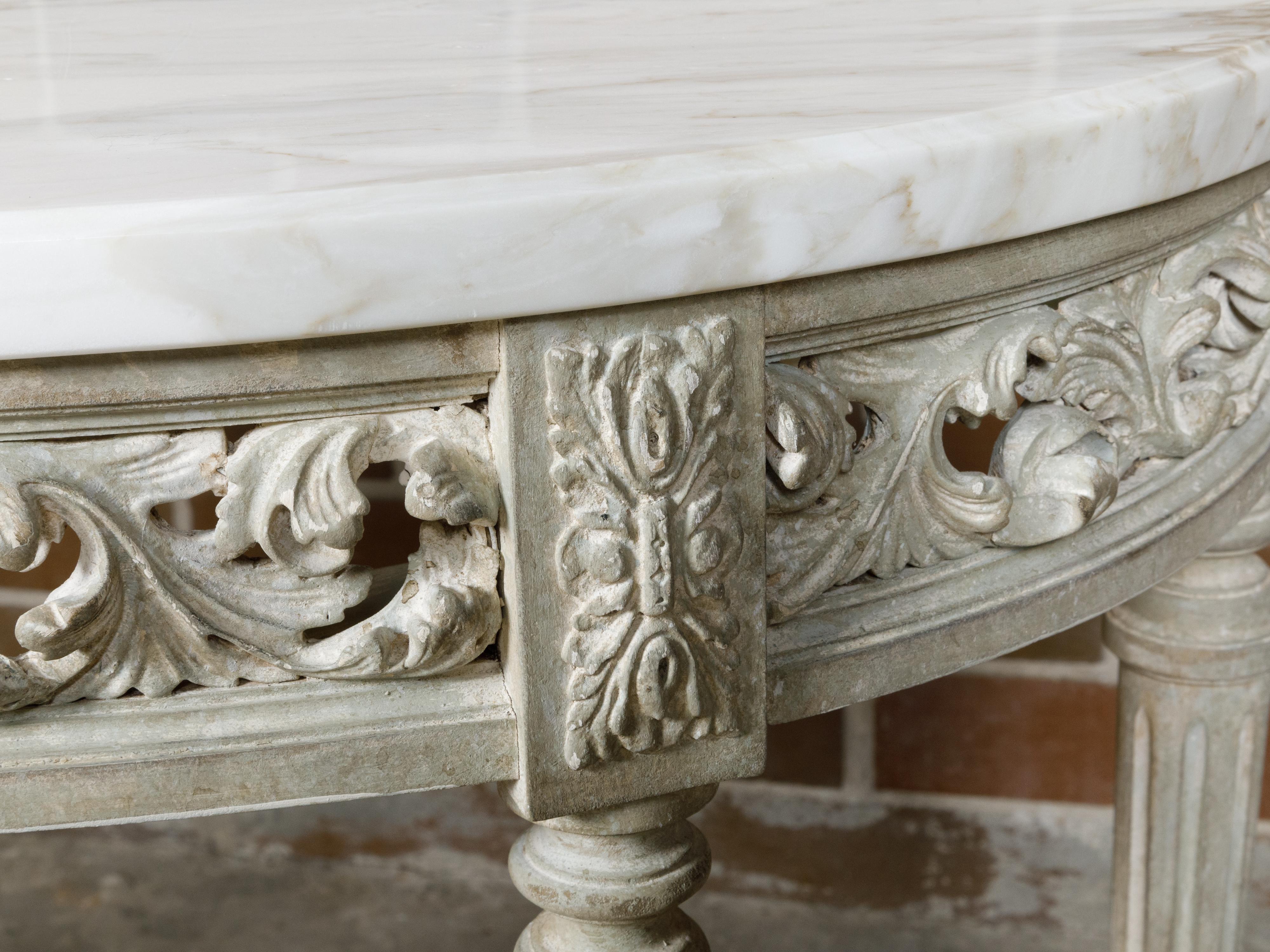 Carved Pair of French Louis XVI Style Painted Demilune Console Tables with Marble Tops For Sale