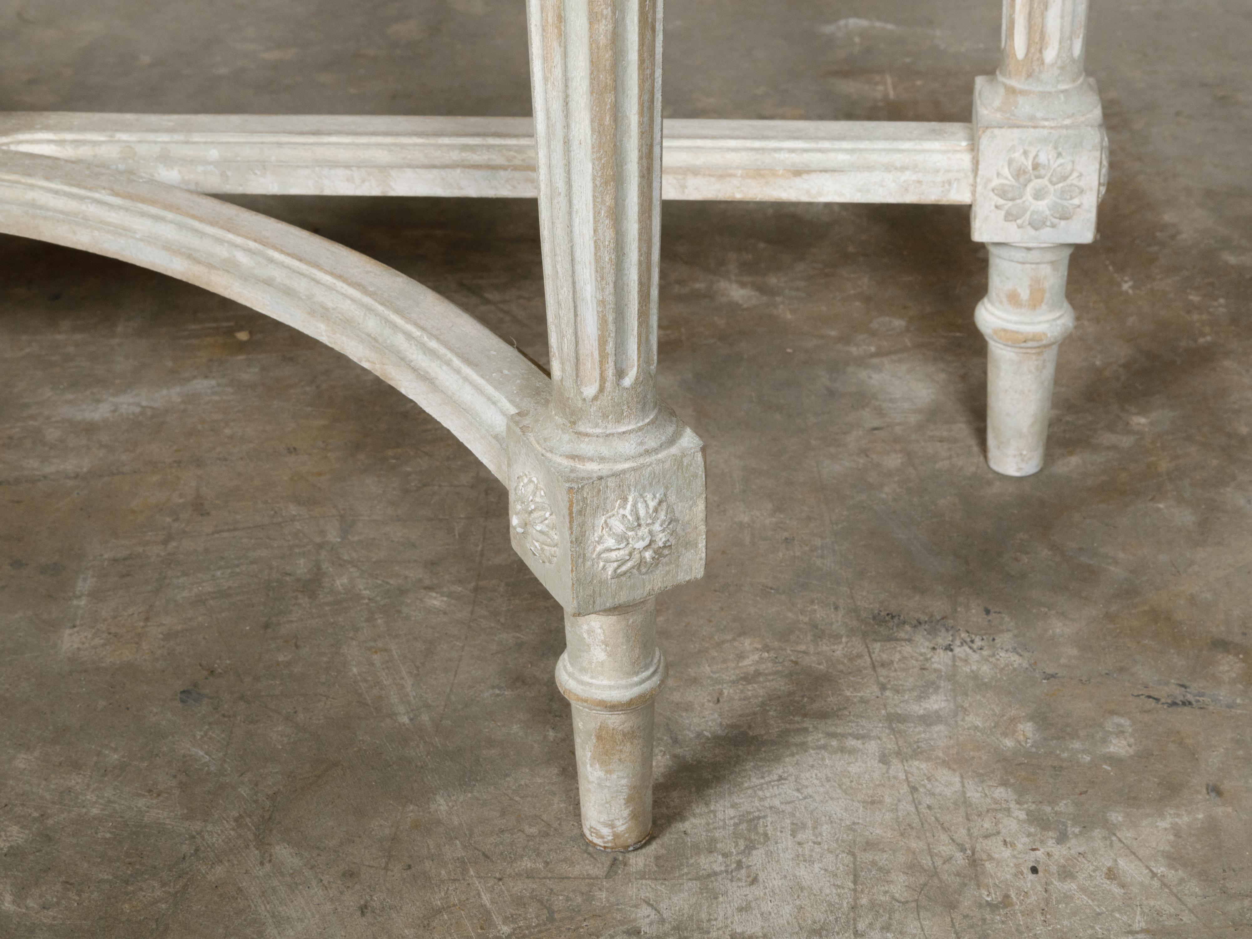 19th Century Pair of French Louis XVI Style Painted Demilune Console Tables with Marble Tops For Sale